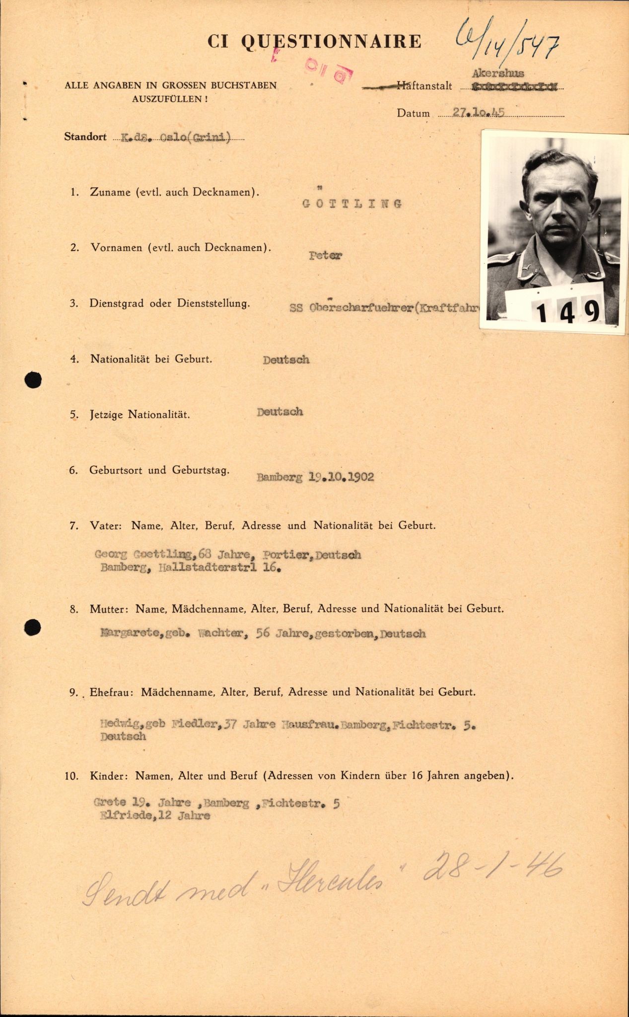 Forsvaret, Forsvarets overkommando II, RA/RAFA-3915/D/Db/L0011: CI Questionaires. Tyske okkupasjonsstyrker i Norge. Tyskere., 1945-1946, s. 63