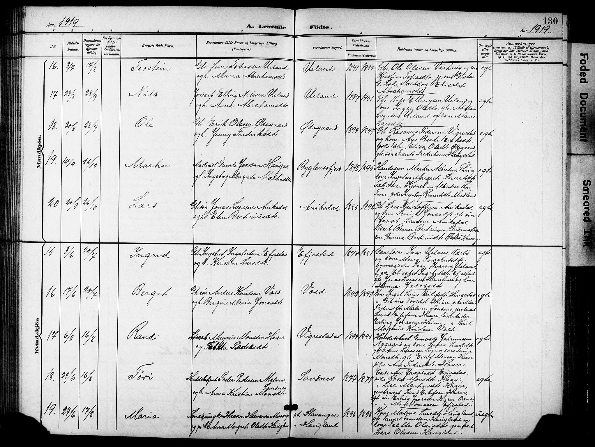 Hå sokneprestkontor, AV/SAST-A-101801/001/30BB/L0006: Klokkerbok nr. B 6, 1900-1924, s. 130