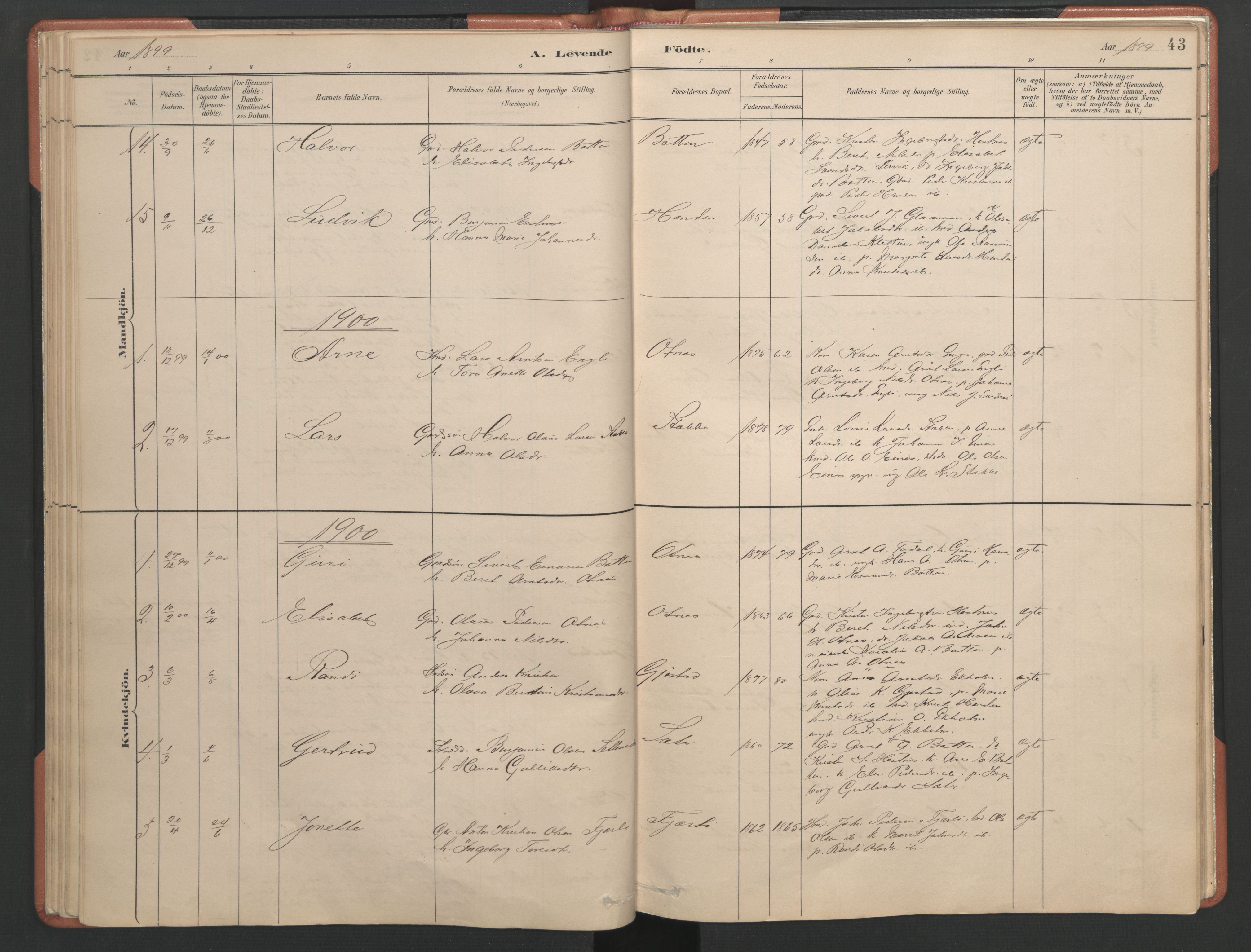 Ministerialprotokoller, klokkerbøker og fødselsregistre - Møre og Romsdal, SAT/A-1454/580/L0926: Klokkerbok nr. 580C01, 1882-1903, s. 43