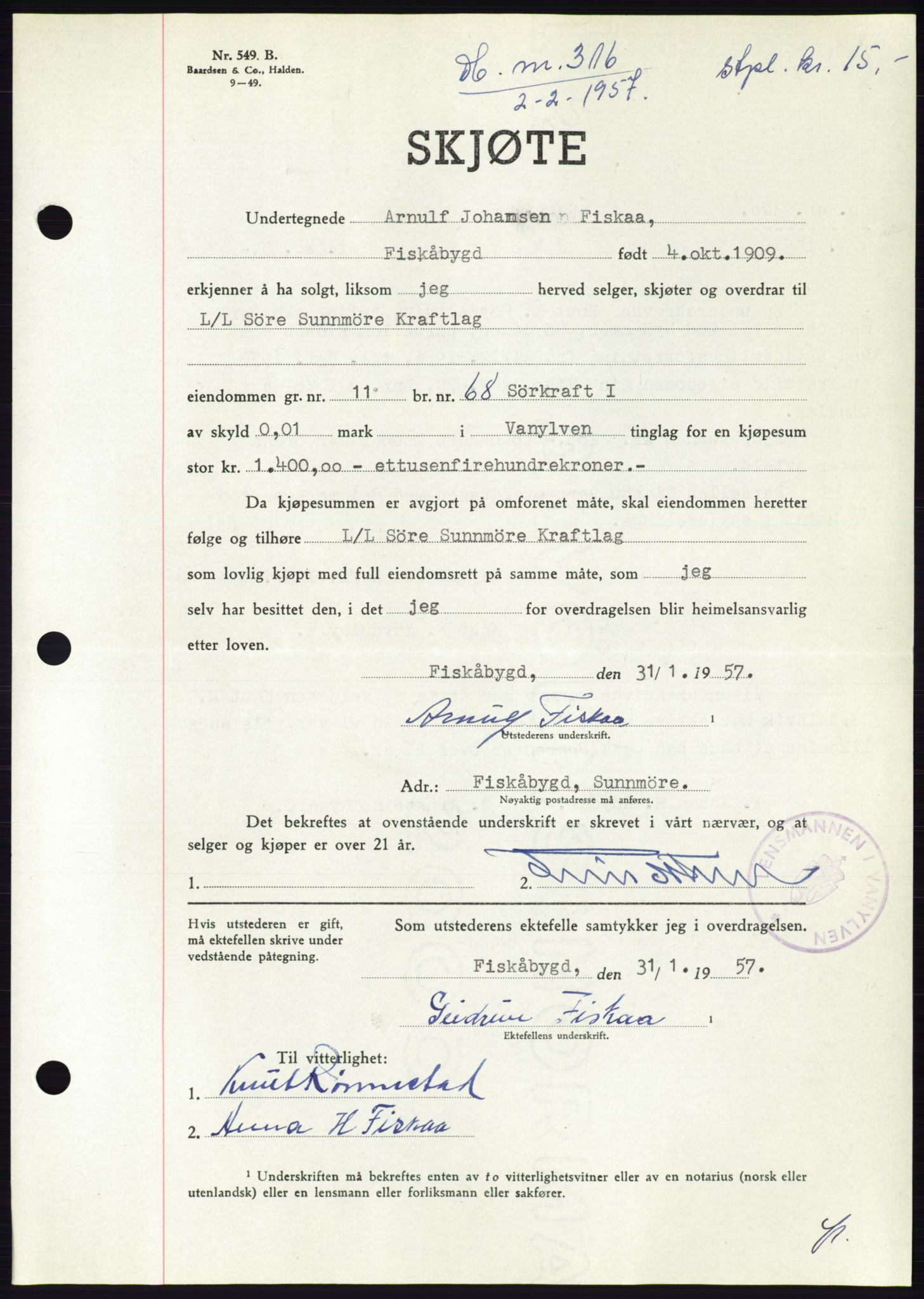 Søre Sunnmøre sorenskriveri, SAT/A-4122/1/2/2C/L0105: Pantebok nr. 31A, 1956-1957, Dagboknr: 316/1957