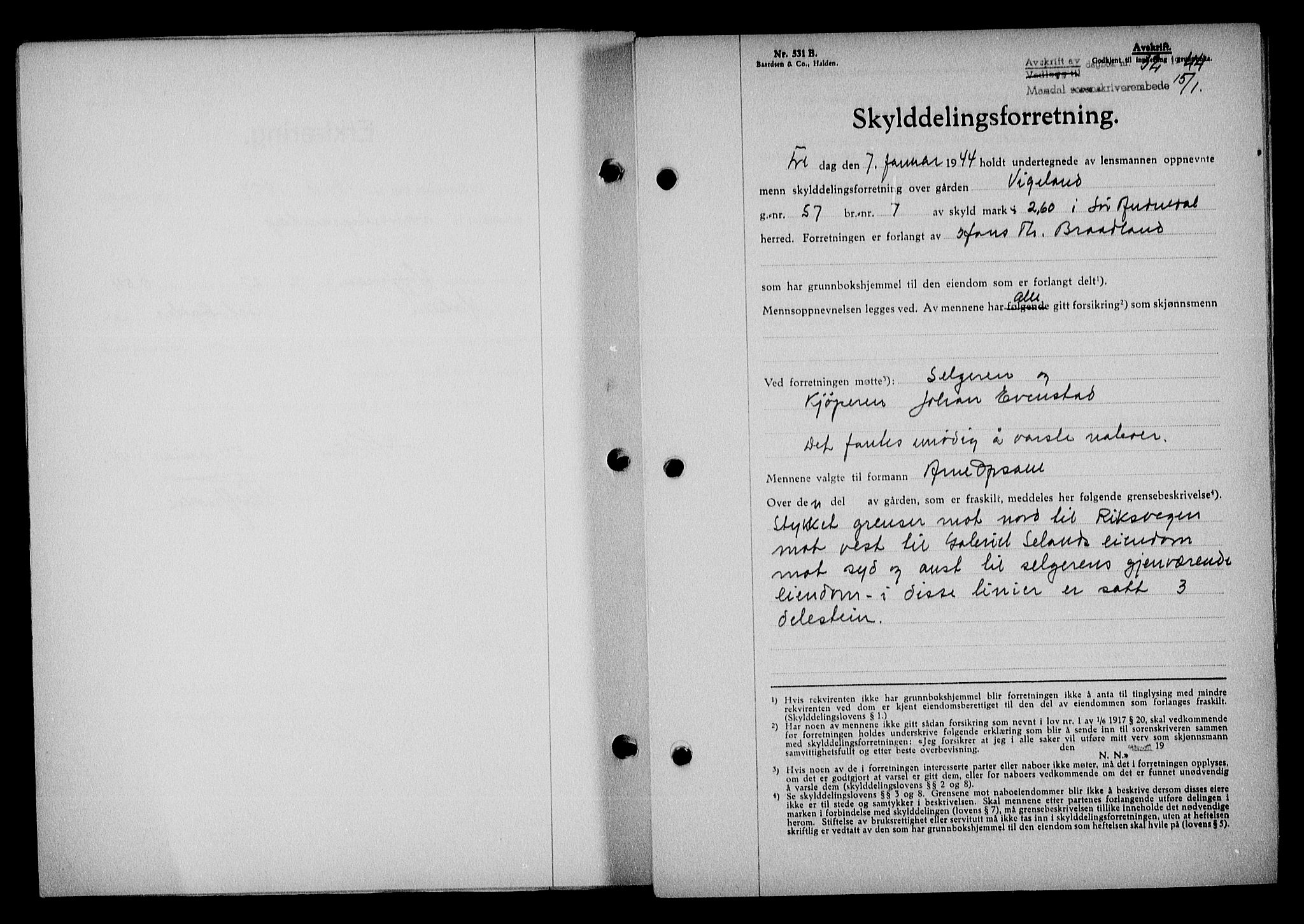 Mandal sorenskriveri, SAK/1221-0005/001/G/Gb/Gba/L0075: Pantebok nr. A-12, 1943-1944, Dagboknr: 32/1944