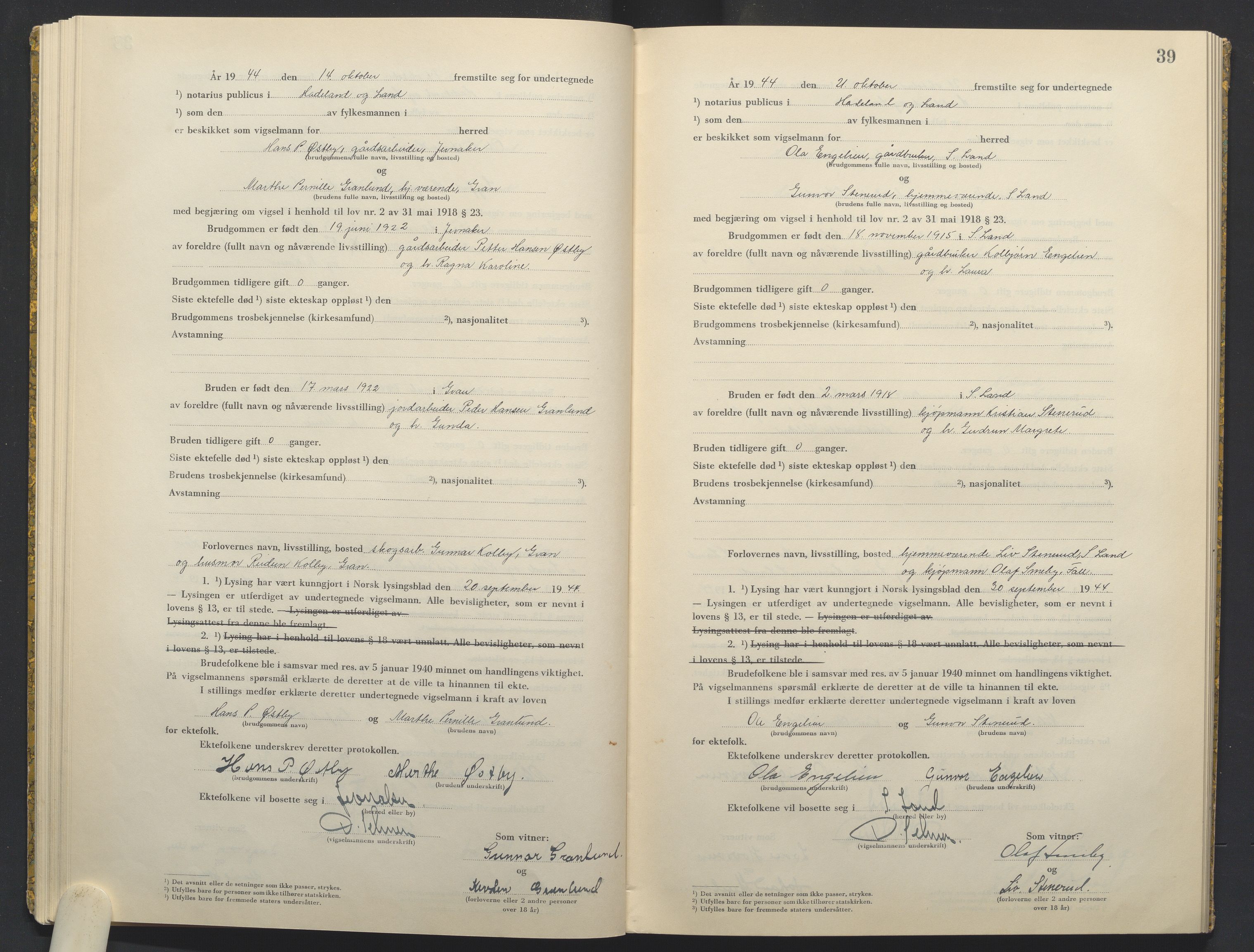 Hadeland og Land tingrett, AV/SAH-TING-010/L/Lb/L0003: Vigselbok, 1944-1946, s. 39