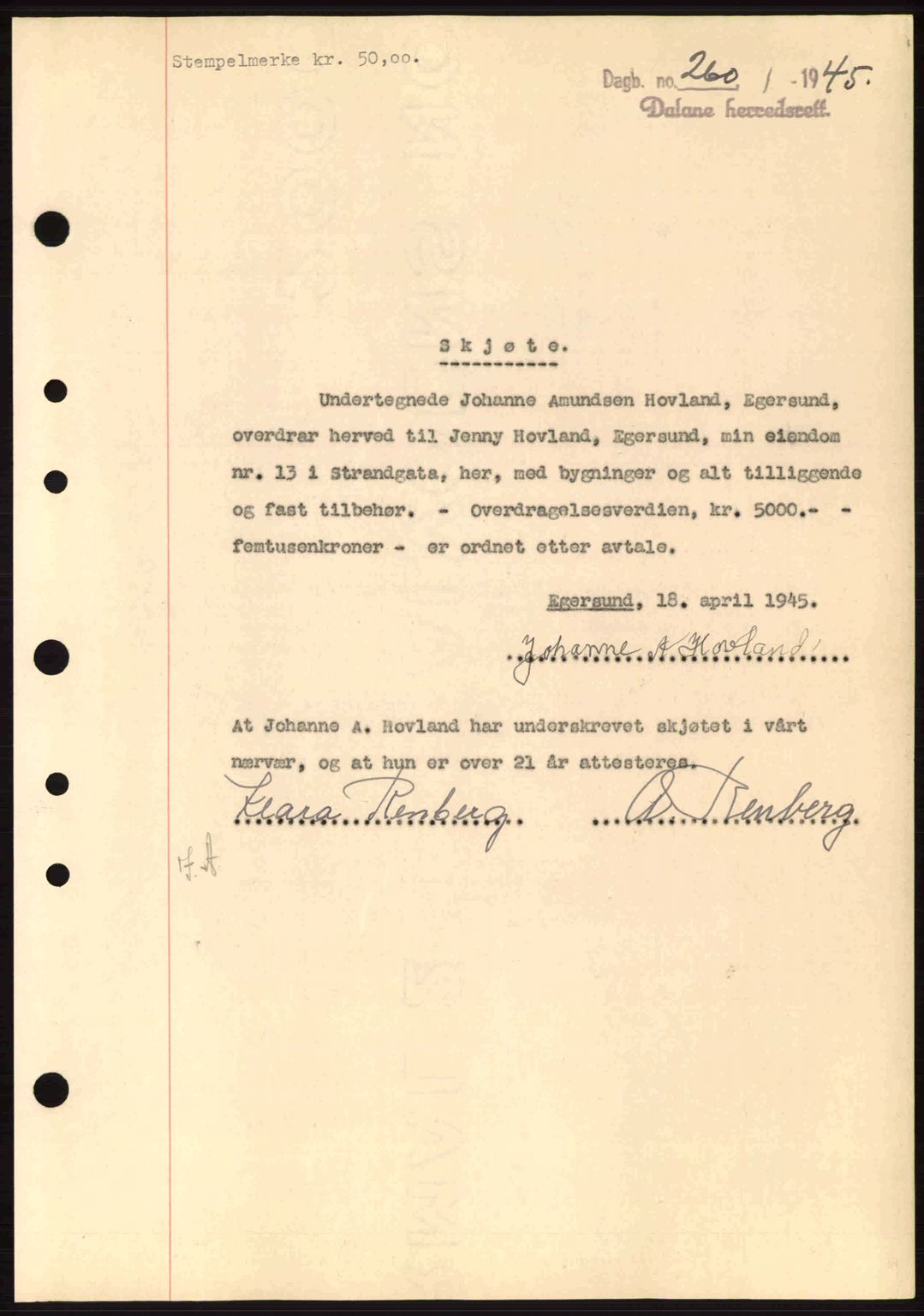Dalane sorenskriveri, SAST/A-100309/02/G/Gb/L0047: Pantebok nr. A8 I, 1944-1945, Dagboknr: 260/1945