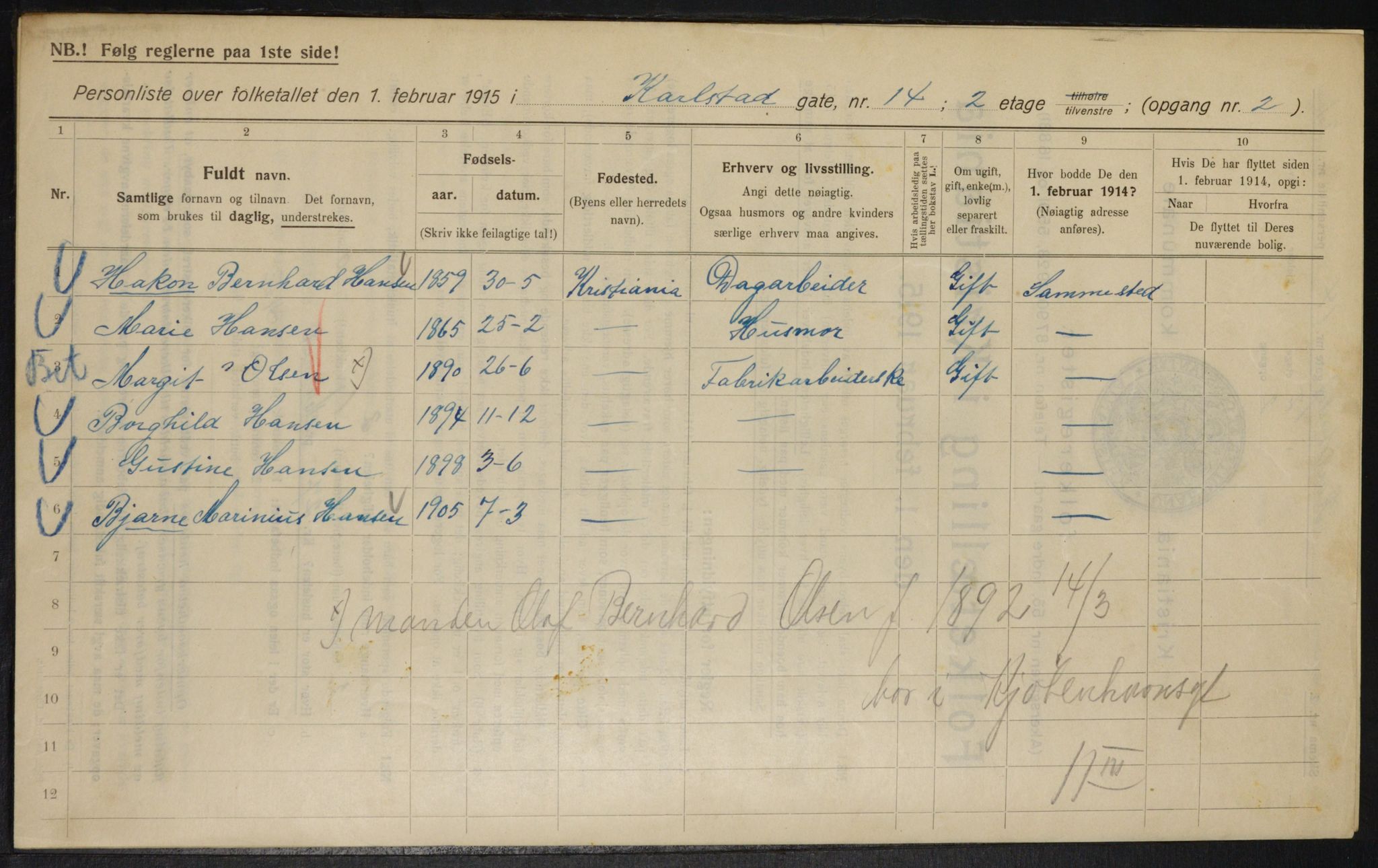 OBA, Kommunal folketelling 1.2.1915 for Kristiania, 1915, s. 48696