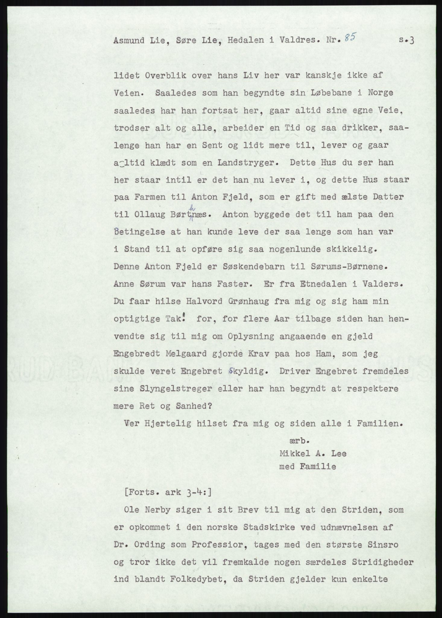 Samlinger til kildeutgivelse, Amerikabrevene, AV/RA-EA-4057/F/L0013: Innlån fra Oppland: Lie (brevnr 79-115) - Nordrum, 1838-1914, s. 89