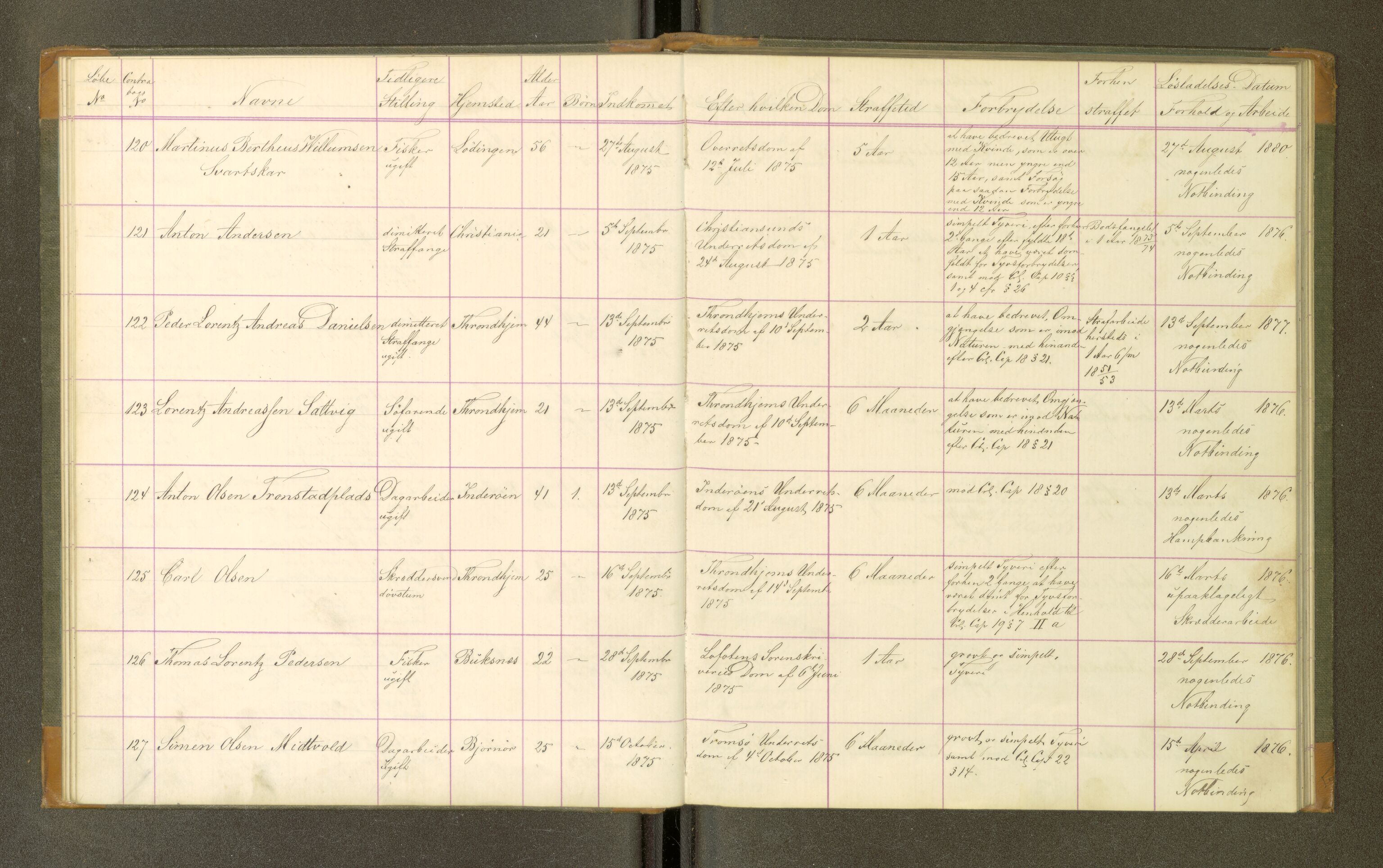 Trondheim tukthus, AV/SAT-A-4619/05/65/L0031: 65.31 Fangeprotokoll, 1875