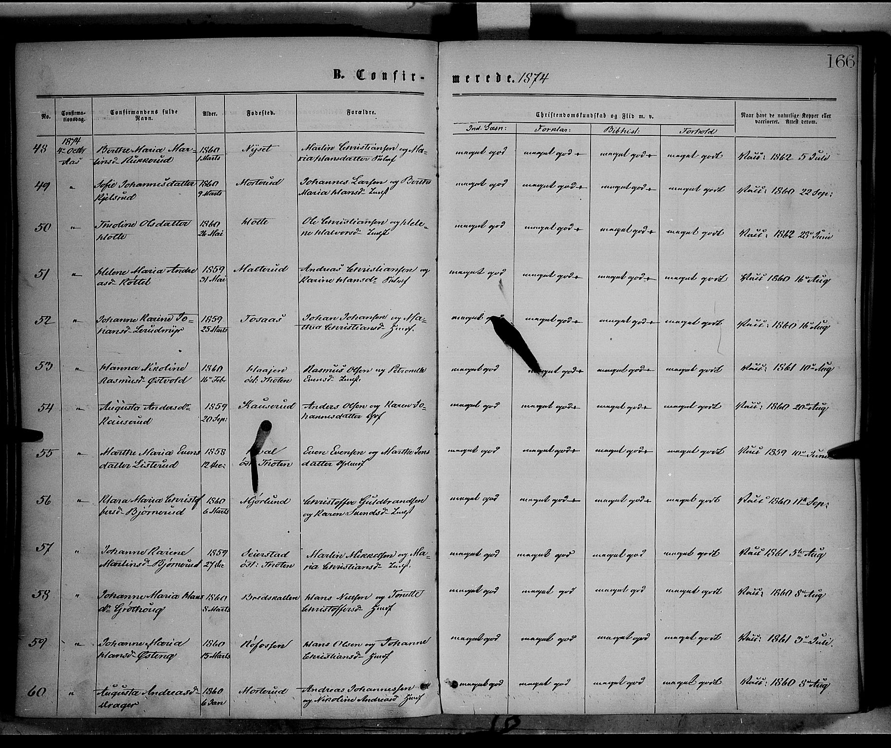 Vestre Toten prestekontor, SAH/PREST-108/H/Ha/Haa/L0008: Ministerialbok nr. 8, 1870-1877, s. 166