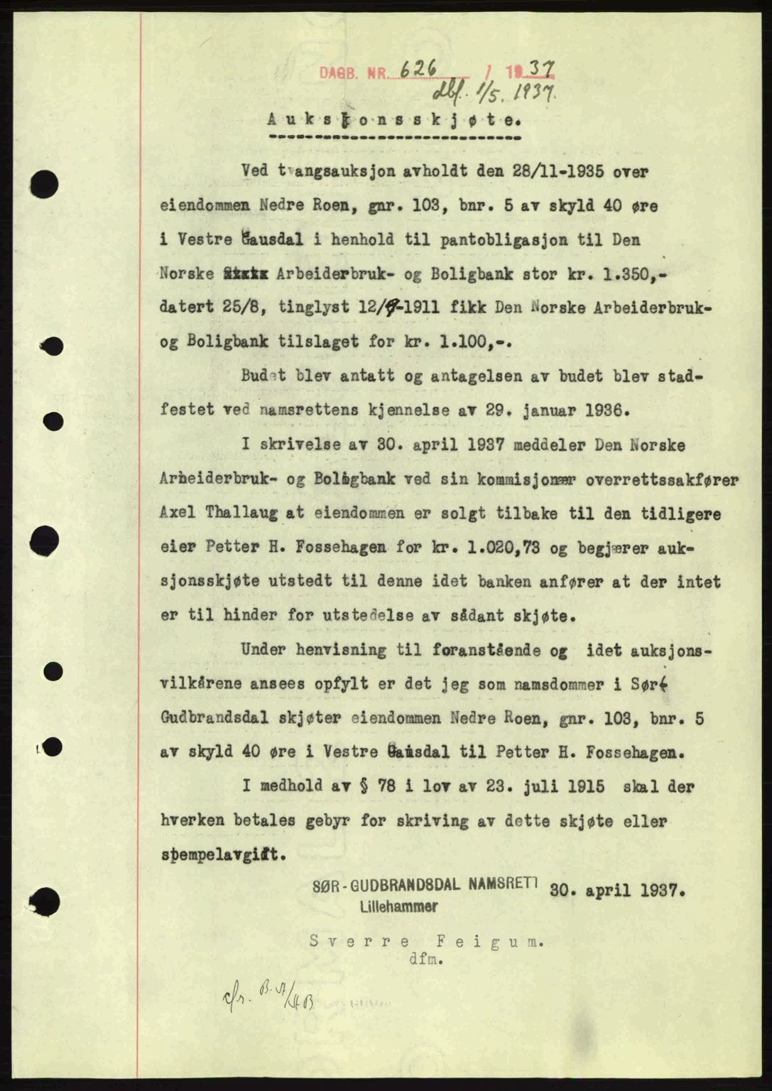 Sør-Gudbrandsdal tingrett, SAH/TING-004/H/Hb/Hbd/L0002: Pantebok nr. A2, 1936-1937, Dagboknr: 626/1937