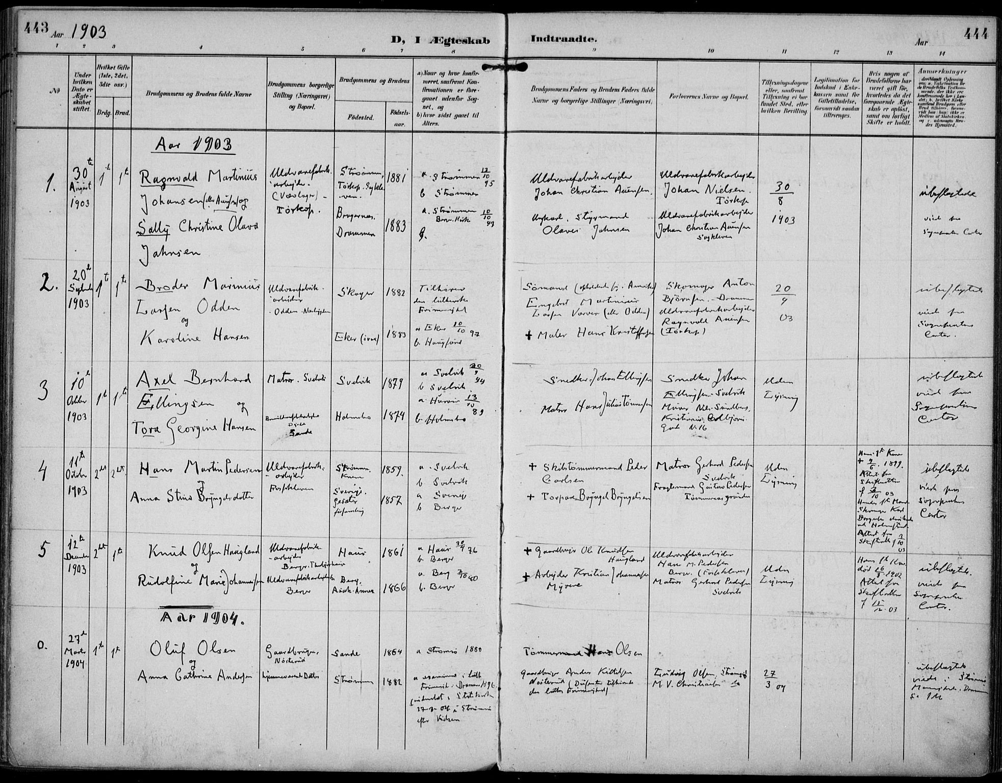 Strømm kirkebøker, AV/SAKO-A-322/F/Fa/L0005: Ministerialbok nr. I 5, 1898-1919, s. 443-444