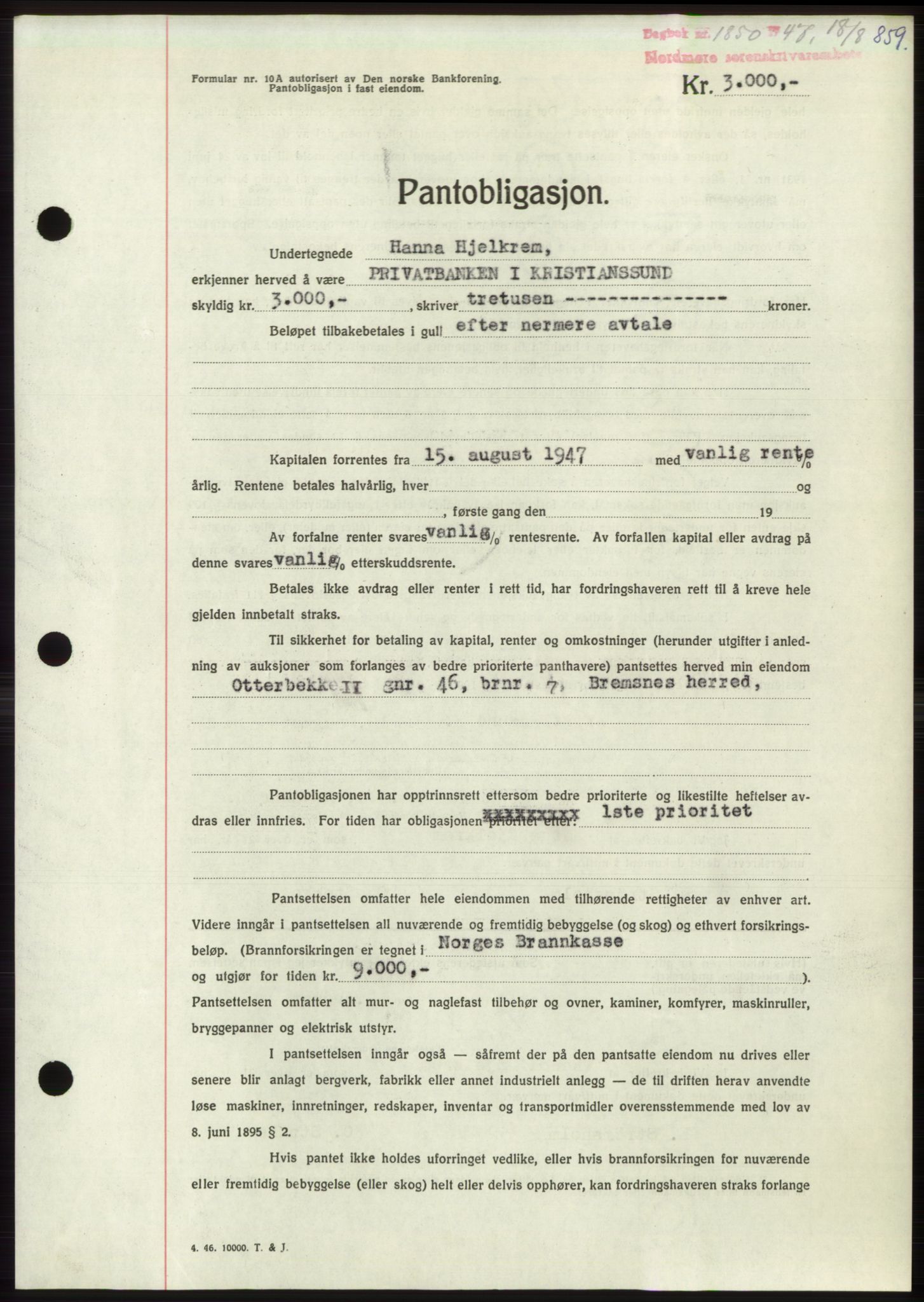 Nordmøre sorenskriveri, SAT/A-4132/1/2/2Ca: Pantebok nr. B96, 1947-1947, Dagboknr: 1850/1947