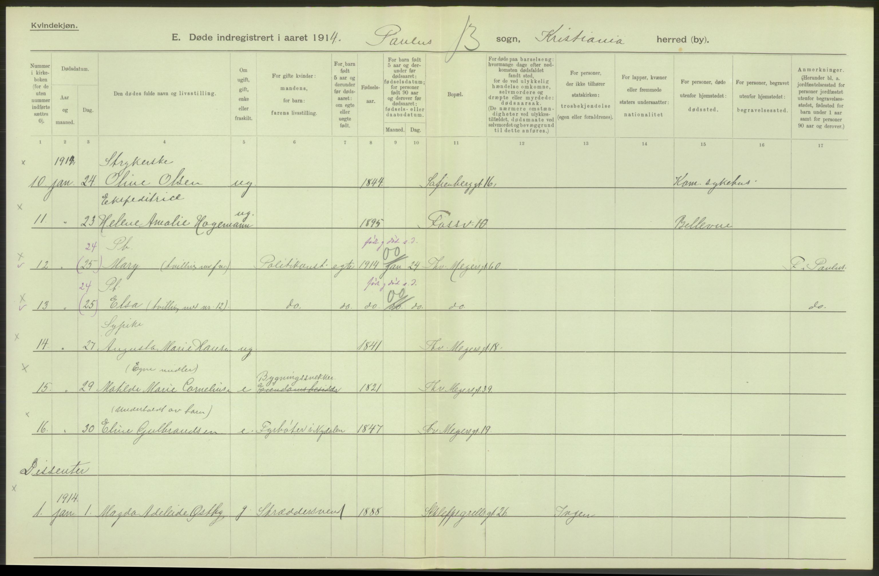 Statistisk sentralbyrå, Sosiodemografiske emner, Befolkning, AV/RA-S-2228/D/Df/Dfb/Dfbd/L0008: Kristiania: Døde, 1914, s. 312