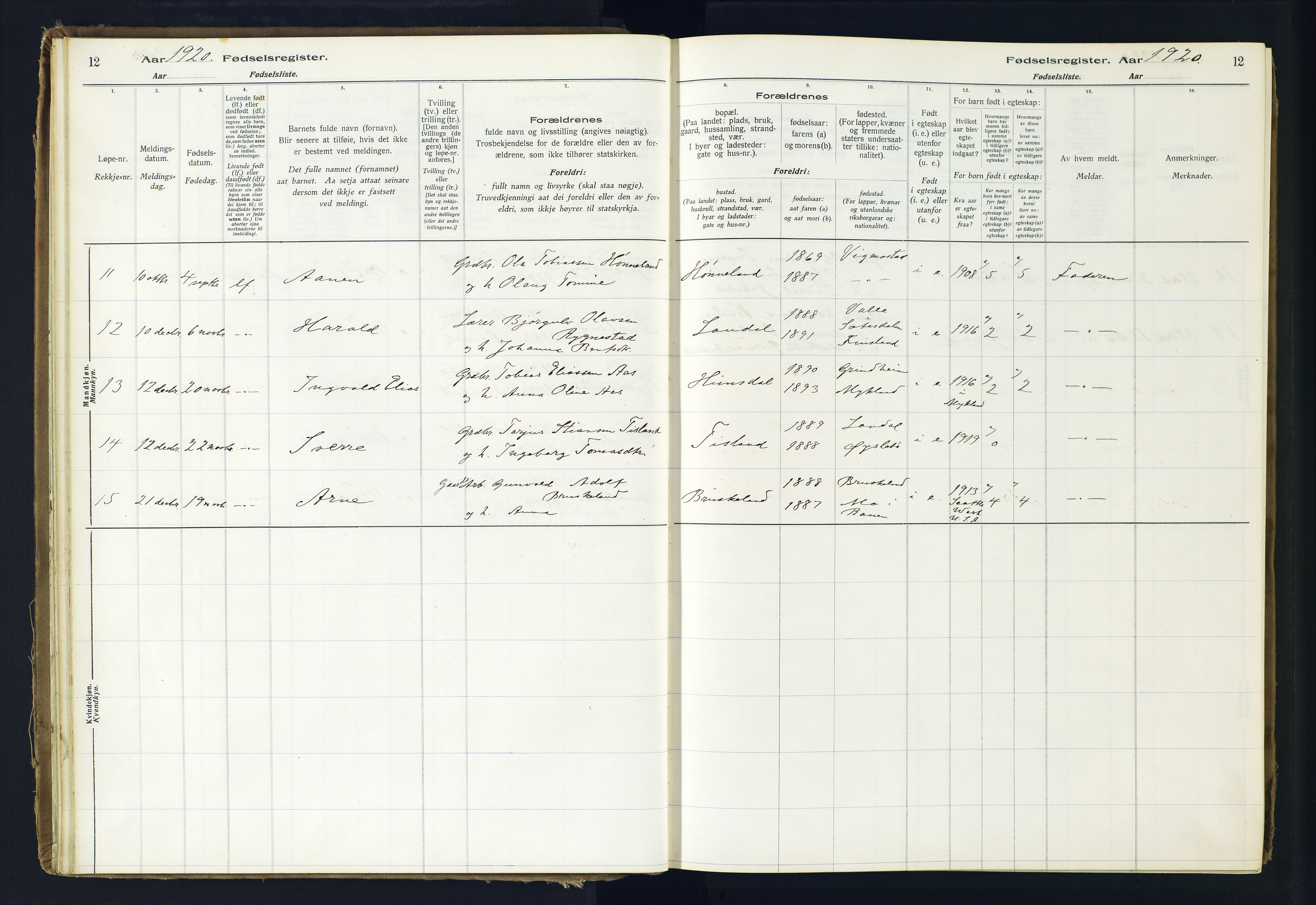 Holum sokneprestkontor, SAK/1111-0022/J/Ja/L0001: Fødselsregister nr. II.6.10, 1916-1982, s. 12