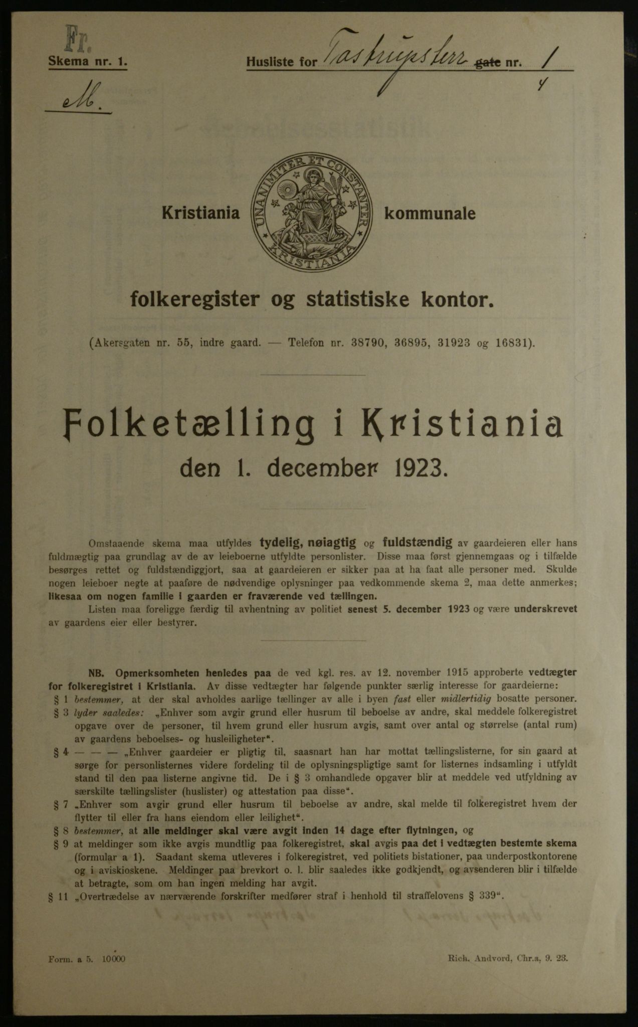 OBA, Kommunal folketelling 1.12.1923 for Kristiania, 1923, s. 127050