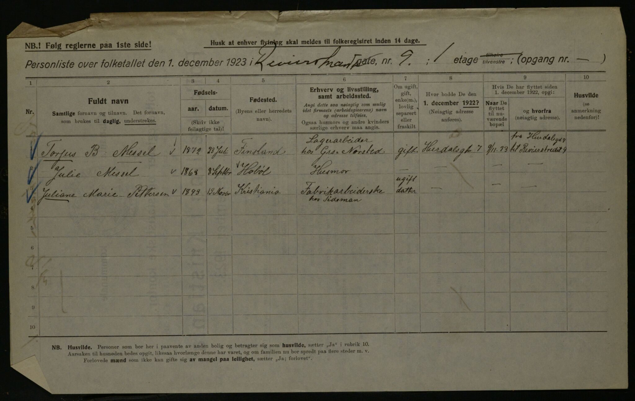 OBA, Kommunal folketelling 1.12.1923 for Kristiania, 1923, s. 91604