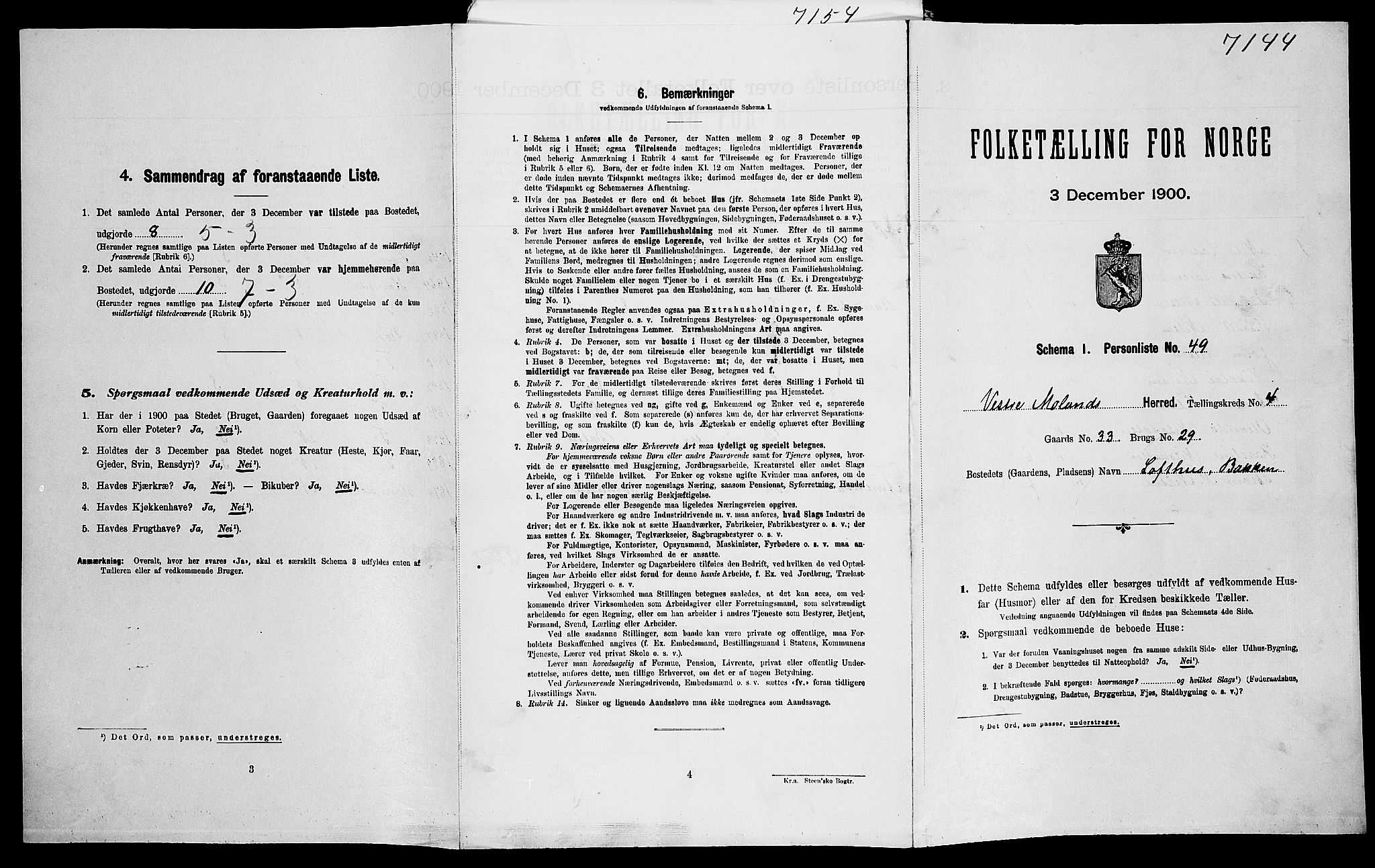 SAK, Folketelling 1900 for 0926 Vestre Moland herred, 1900, s. 500