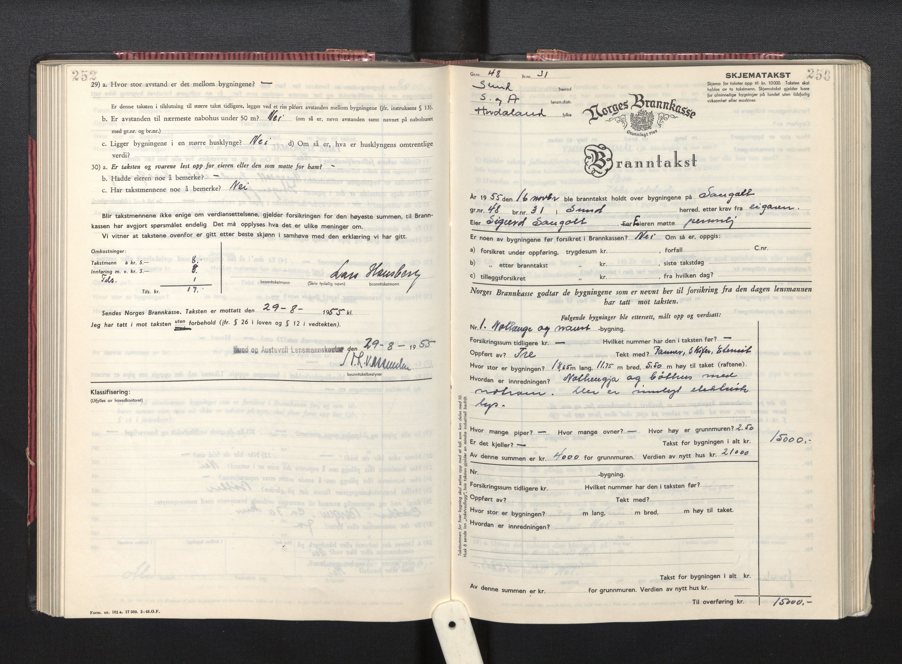 Lensmannen i Sund og Austevoll, AV/SAB-A-35201/0012/L0005: Branntakstprotokoll, skjematakst, 1949-1955, s. 252-253