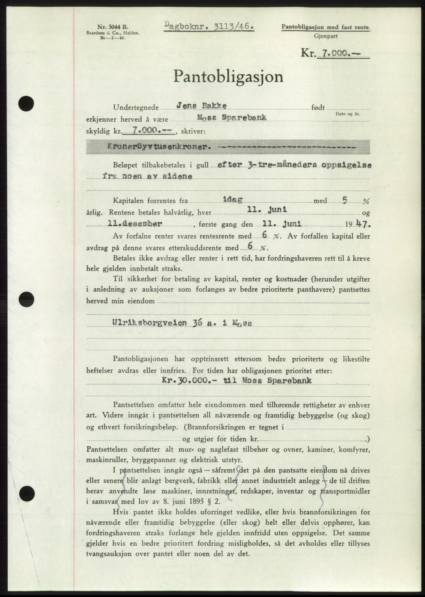 Moss sorenskriveri, SAO/A-10168: Pantebok nr. B16, 1946-1947, Dagboknr: 3113/1946