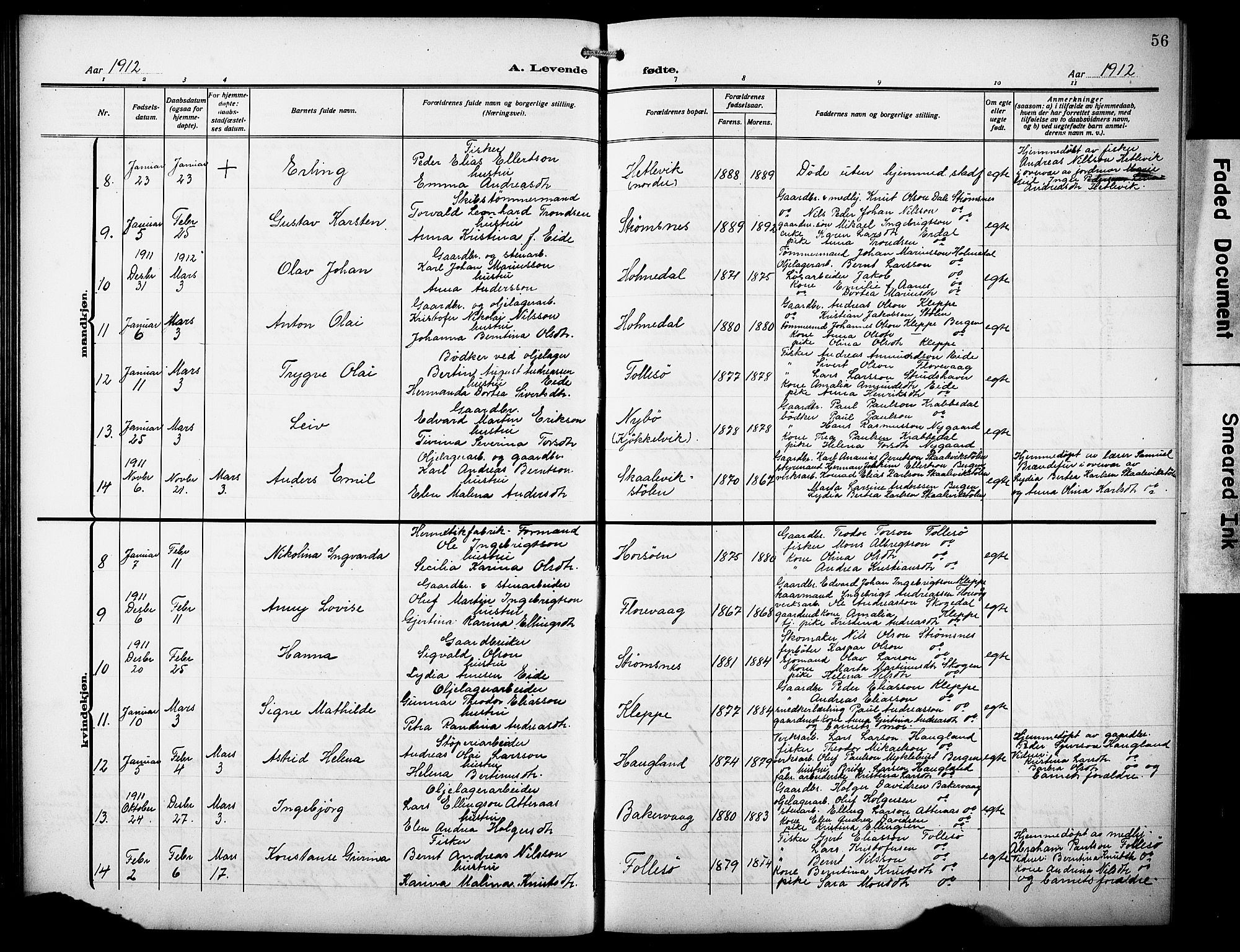 Askøy Sokneprestembete, SAB/A-74101/H/Ha/Hab/Haba/L0011: Klokkerbok nr. A 11, 1908-1931, s. 56