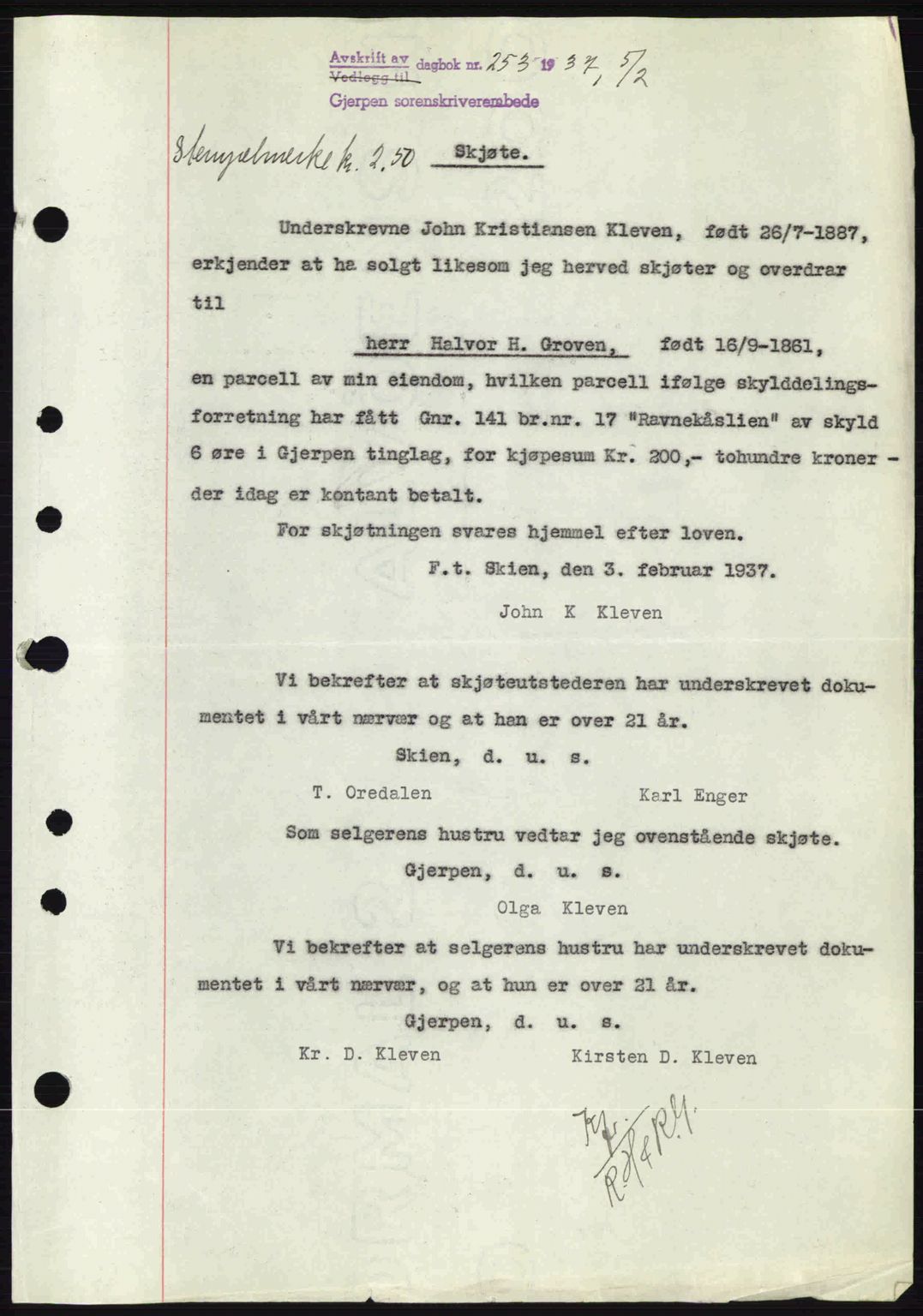 Gjerpen sorenskriveri, SAKO/A-216/G/Ga/Gae/L0067: Pantebok nr. A-66 - A-68, 1936-1937, Dagboknr: 253/1937