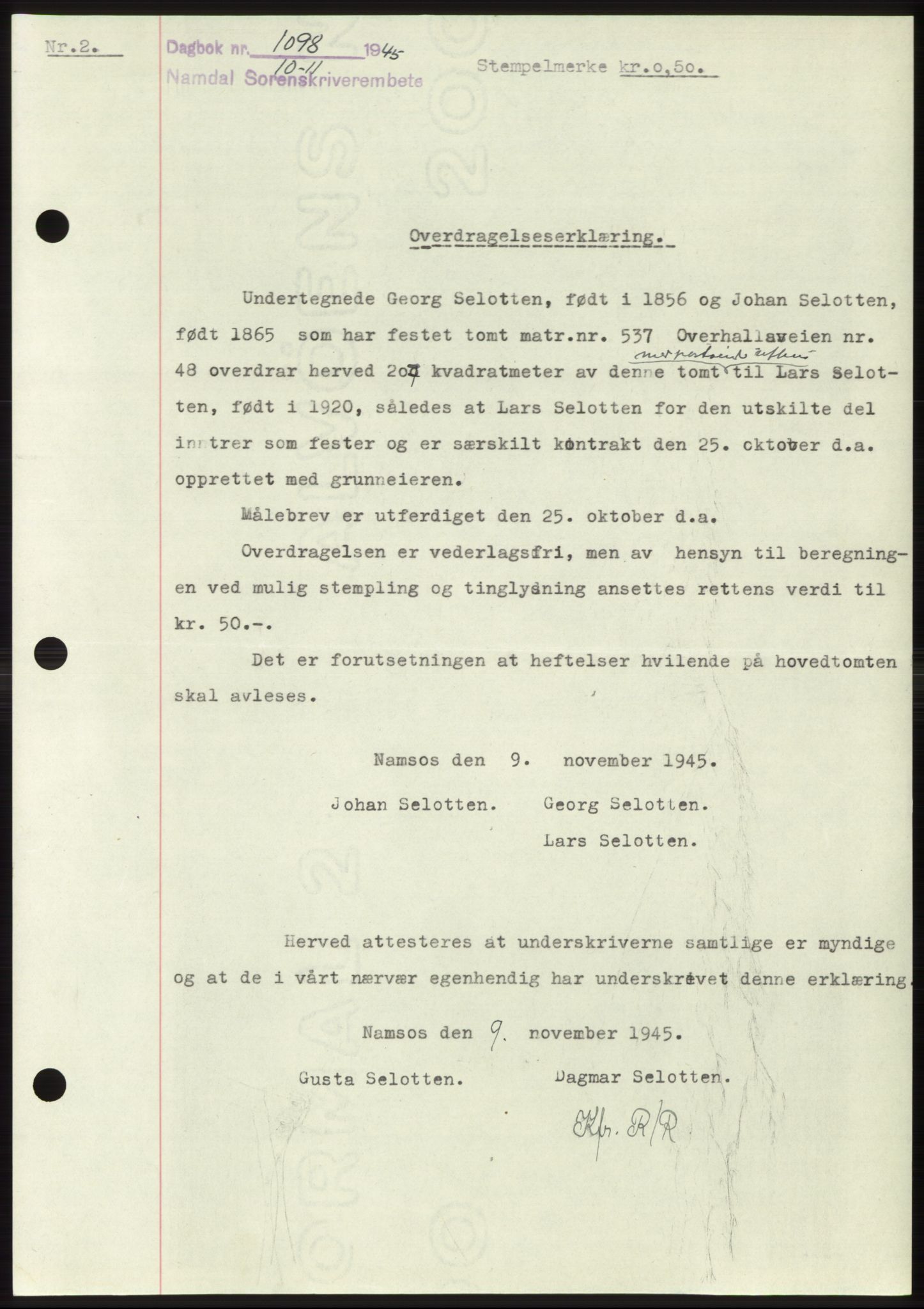 Namdal sorenskriveri, SAT/A-4133/1/2/2C: Pantebok nr. -, 1944-1945, Dagboknr: 1098/1945