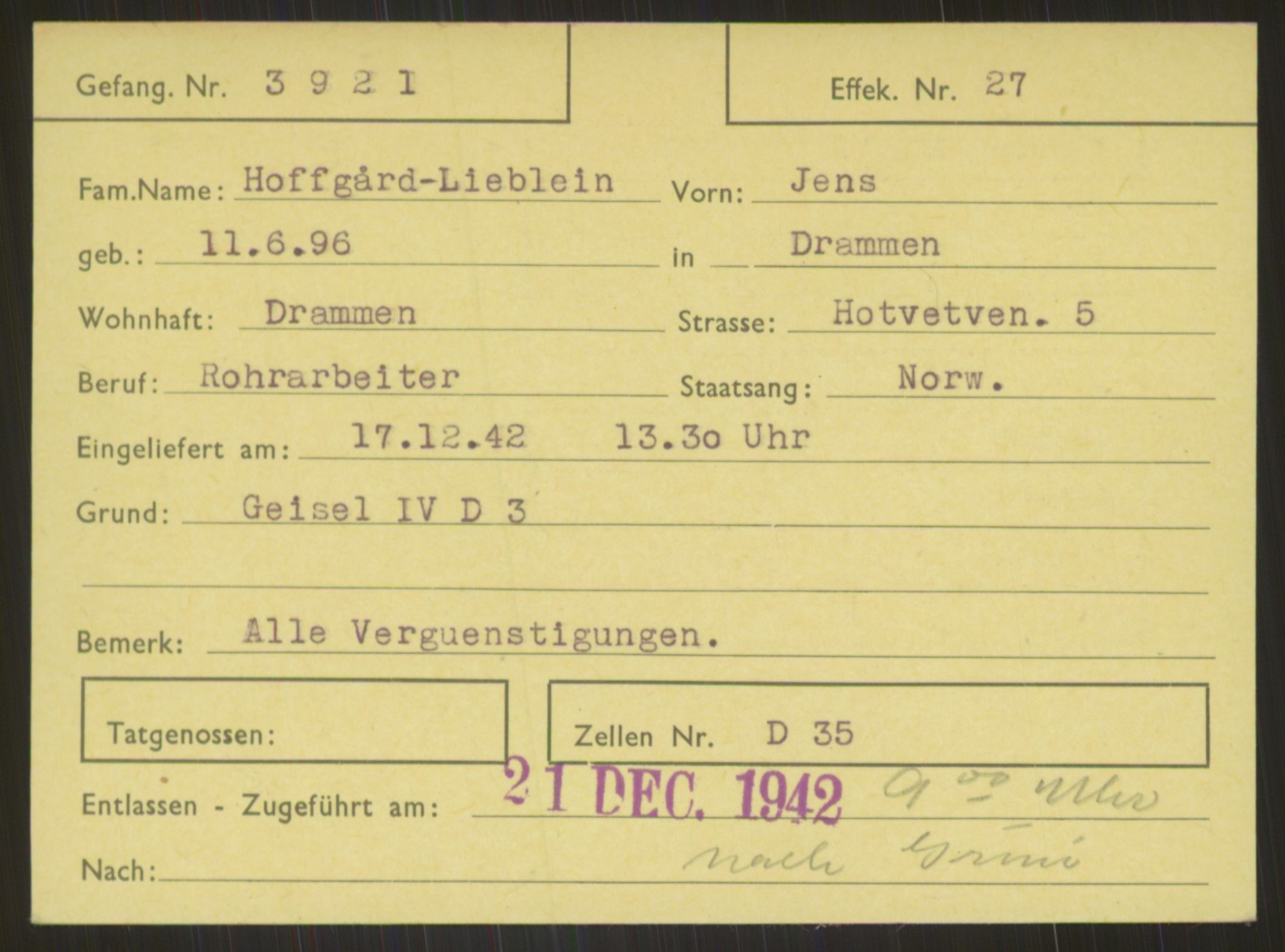 Befehlshaber der Sicherheitspolizei und des SD, RA/RAFA-5969/E/Ea/Eab/L0004: Register over norske fanger i Møllergata 19 ordnet etter fangenummer: 3920-4699, 1940-1945
