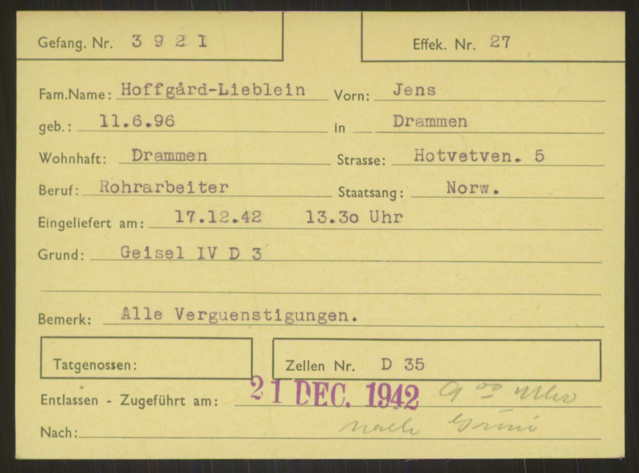 Befehlshaber der Sicherheitspolizei und des SD, AV/RA-RAFA-5969/E/Ea/Eab/L0004: Register over norske fanger i Møllergata 19 ordnet etter fangenummer: 3920-4699, 1940-1945