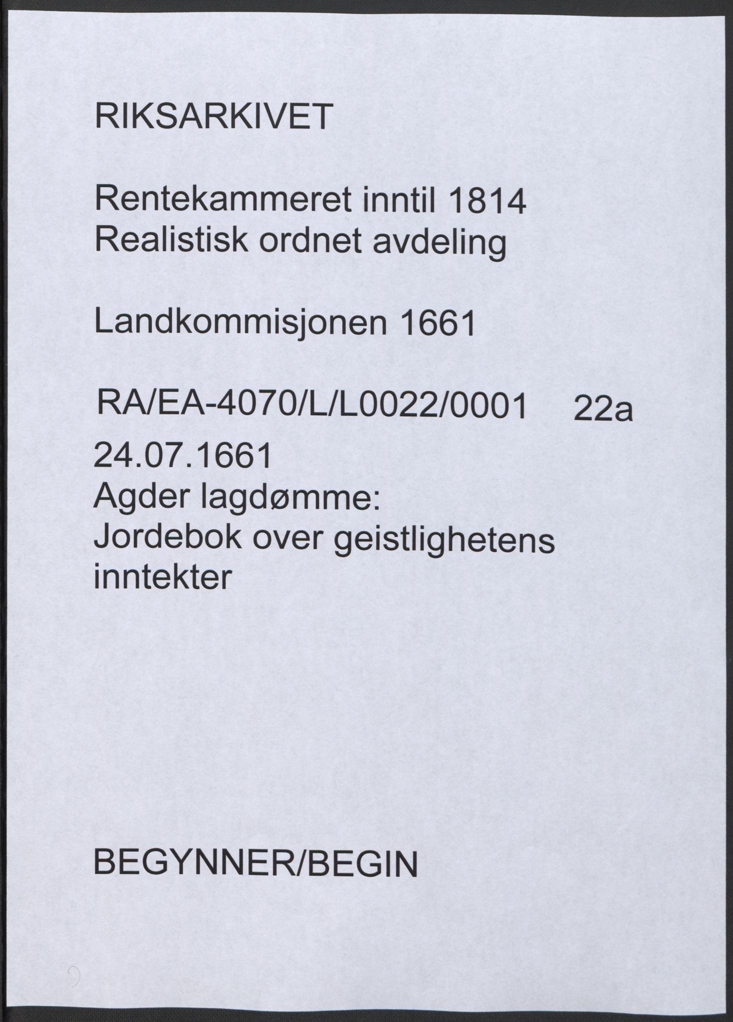 Rentekammeret inntil 1814, Realistisk ordnet avdeling, RA/EA-4070/L/L0022/0001: Agder lagdømme: / Jordebok over geistlighetens inntekter, 1661