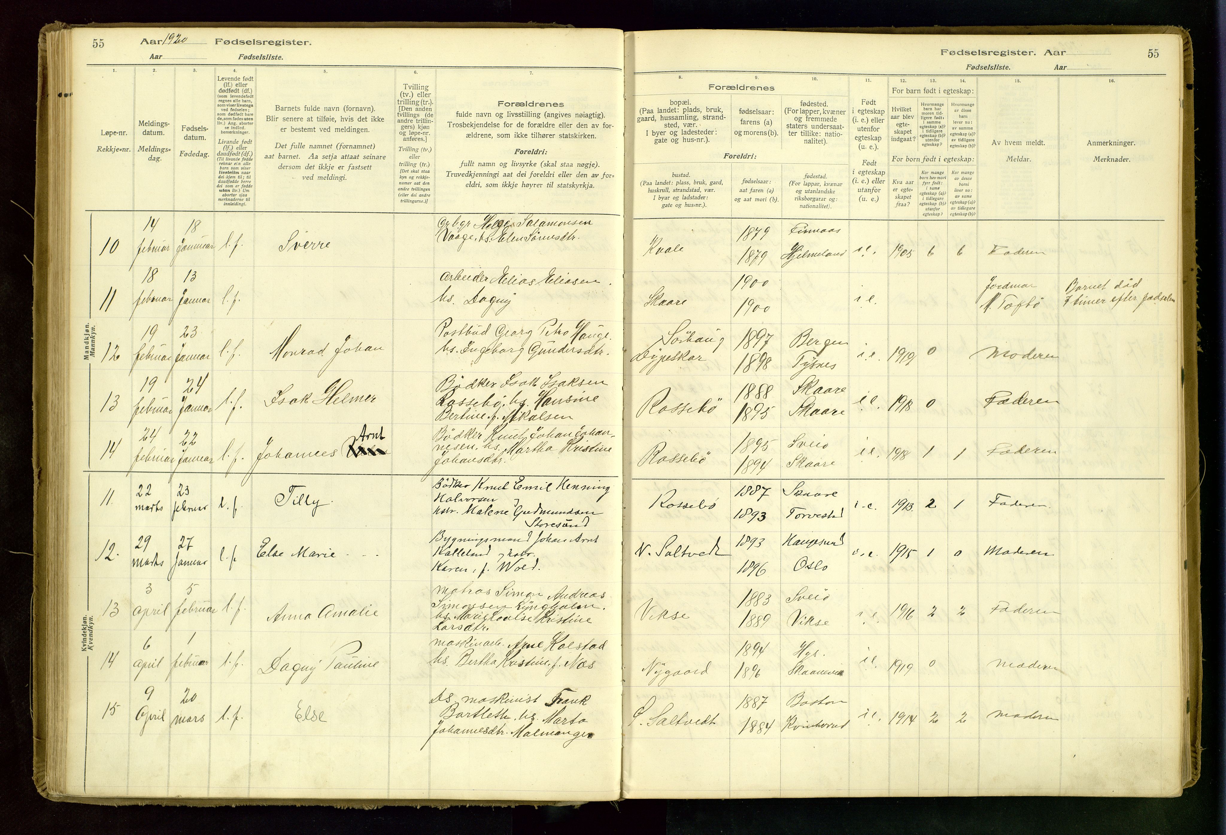 Haugesund sokneprestkontor, AV/SAST-A -101863/I/Id/L0001: Fødselsregister nr. 1, 1916-1935, s. 55