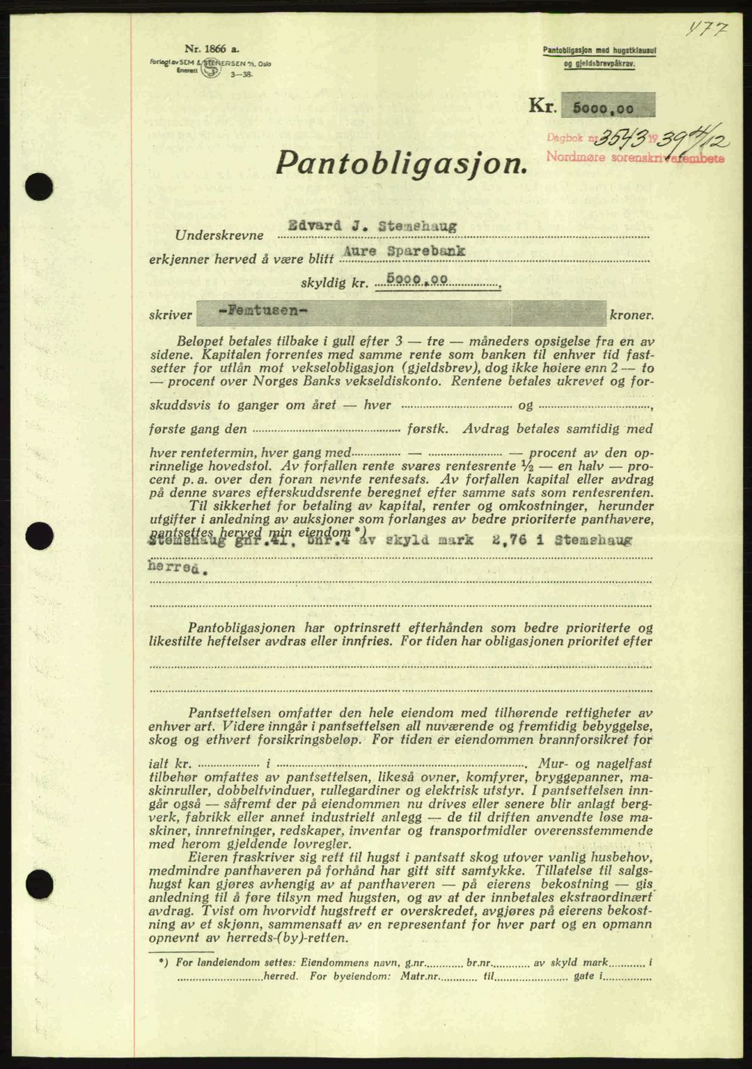 Nordmøre sorenskriveri, AV/SAT-A-4132/1/2/2Ca: Pantebok nr. B86, 1939-1940, Dagboknr: 3543/1939