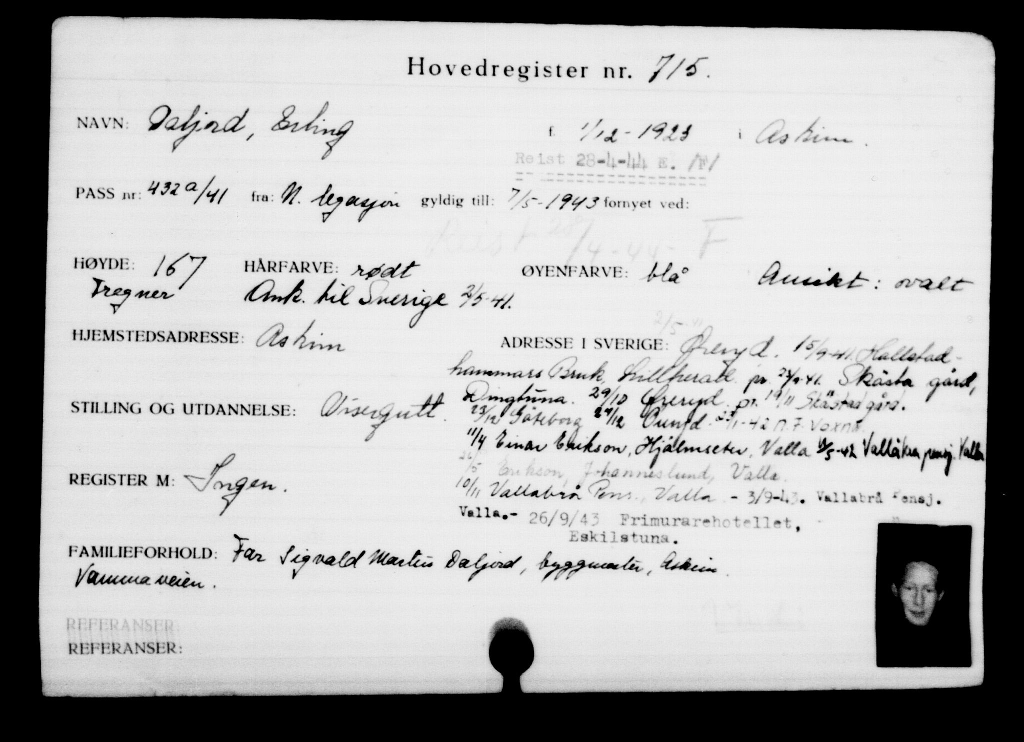 Utenriksstasjonene, Legasjonen i Stockholm, Flyktningkontoret, AV/RA-S-6753/V/Va/L0001: Kjesäterkartoteket, flyktninger med registreringsnr. 1-1000, 1940-1945, s. 1118