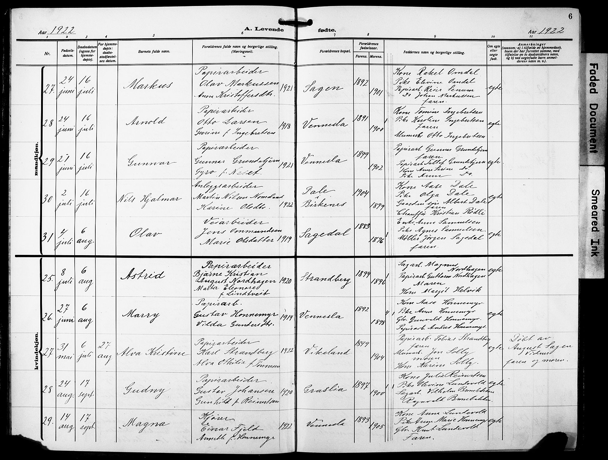 Vennesla sokneprestkontor, AV/SAK-1111-0045/Fb/Fbb/L0007: Klokkerbok nr. B 7, 1922-1933, s. 6