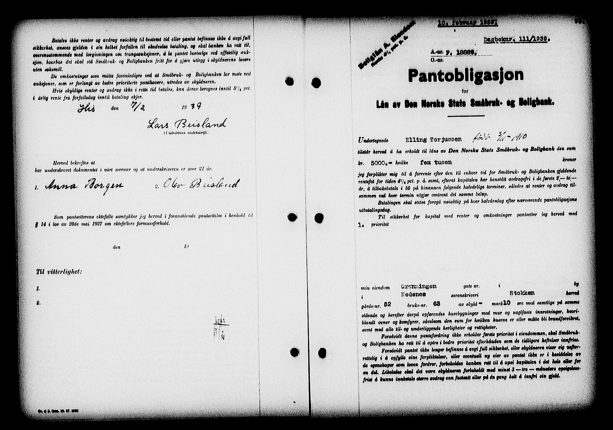 Nedenes sorenskriveri, SAK/1221-0006/G/Gb/Gba/L0046: Pantebok nr. 42, 1938-1939, Dagboknr: 111/1939