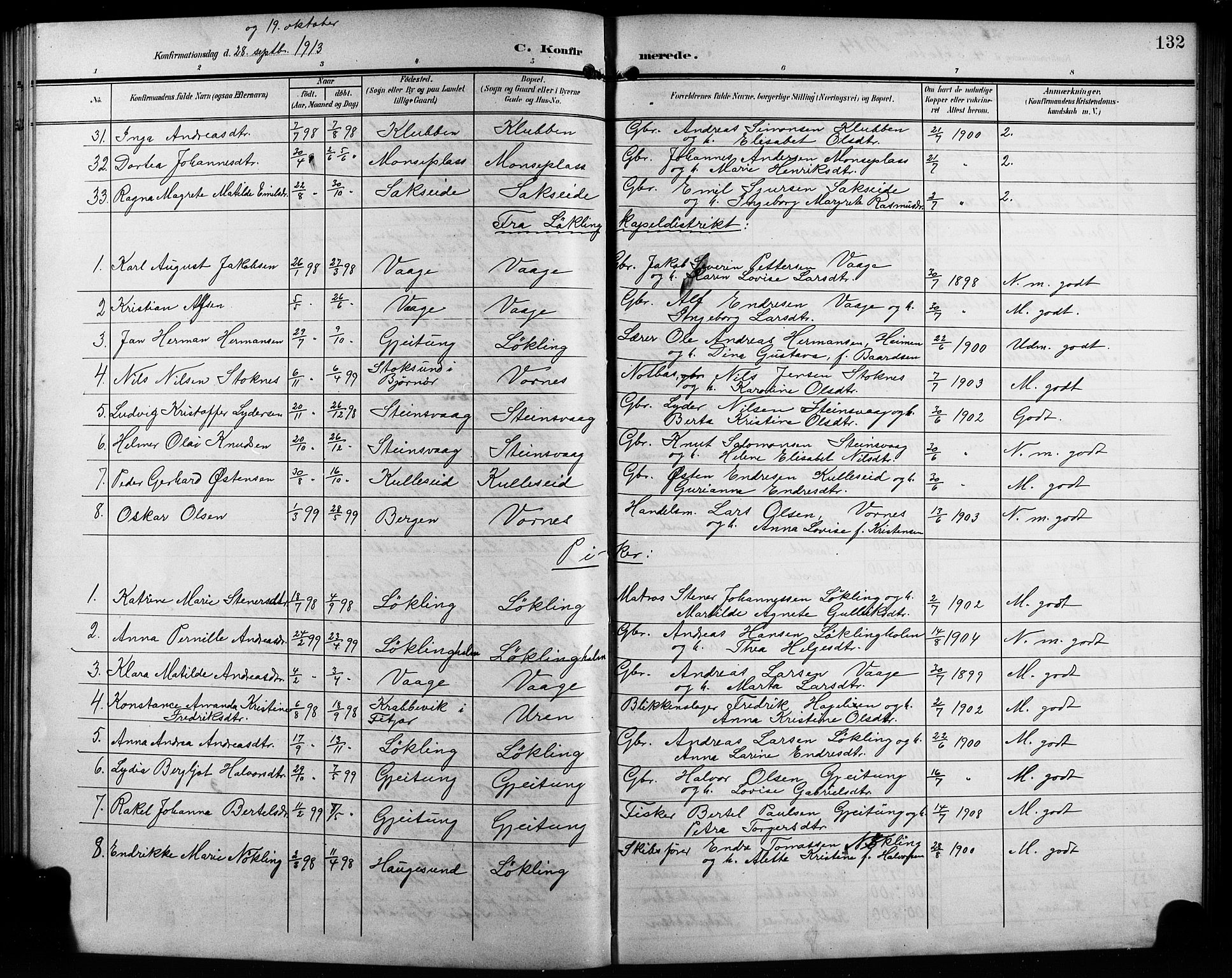Finnås sokneprestembete, AV/SAB-A-99925/H/Ha/Hab/Habb/L0005: Klokkerbok nr. B 5, 1907-1920, s. 132