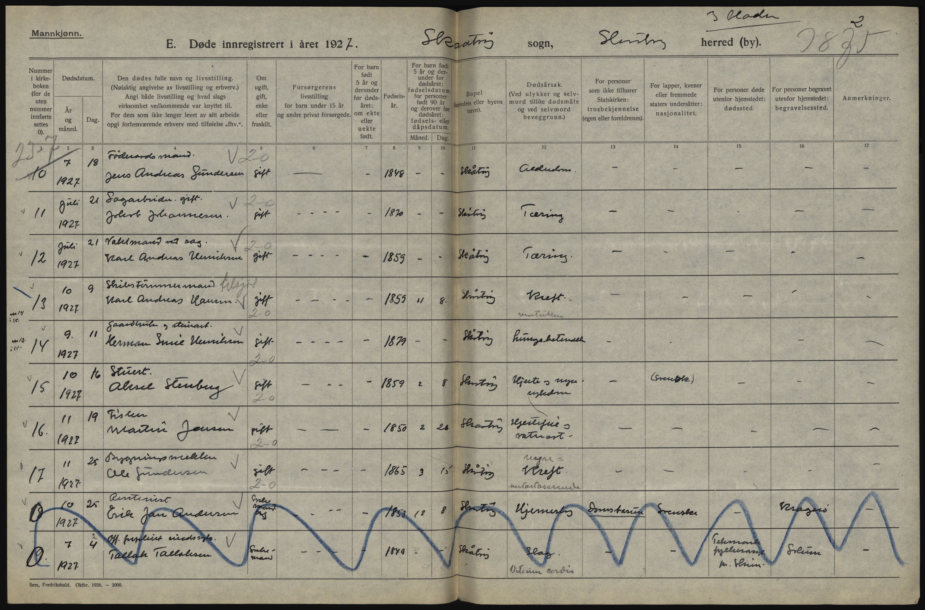 Statistisk sentralbyrå, Sosiodemografiske emner, Befolkning, AV/RA-S-2228/D/Df/Dfc/Dfcg/L0020: Telemark fylke: Gifte, døde. Bygder og byer., 1927, s. 310