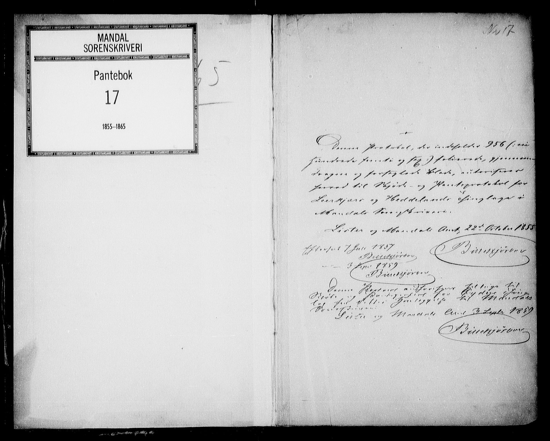 Mandal sorenskriveri, SAK/1221-0005/001/G/Gb/Gba/L0036: Pantebok nr. 17, 1855-1865, s. 1