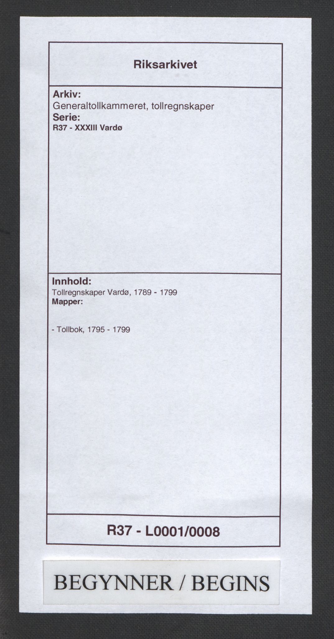 Generaltollkammeret, tollregnskaper, AV/RA-EA-5490/R37/L0001/0008: Tollregnskaper Vardø / Tollbok, 1795-1799