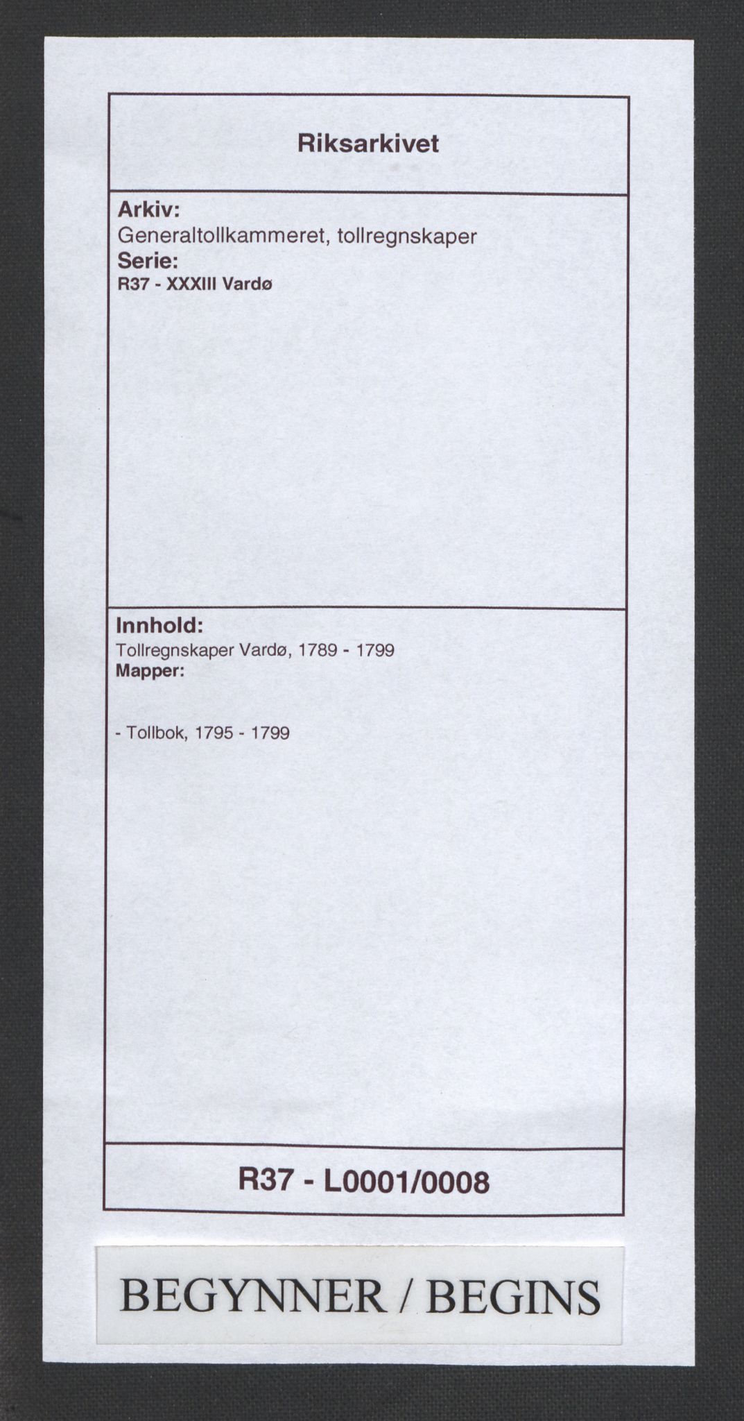 Generaltollkammeret, tollregnskaper, RA/EA-5490/R37/L0001/0008: Tollregnskaper Vardø / Tollbok, 1795-1799