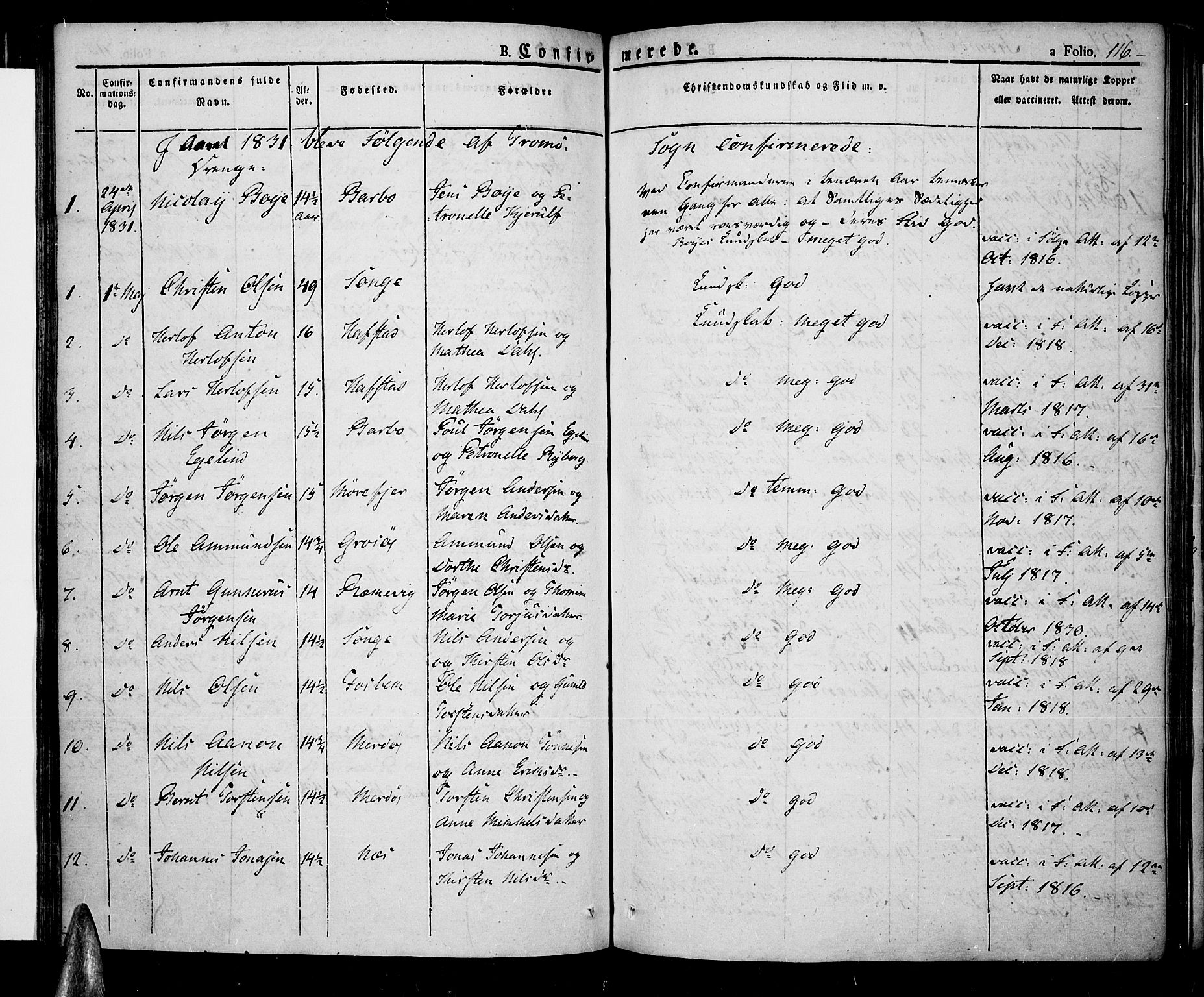 Tromøy sokneprestkontor, AV/SAK-1111-0041/F/Fa/L0003: Ministerialbok nr. A 3, 1825-1837, s. 116