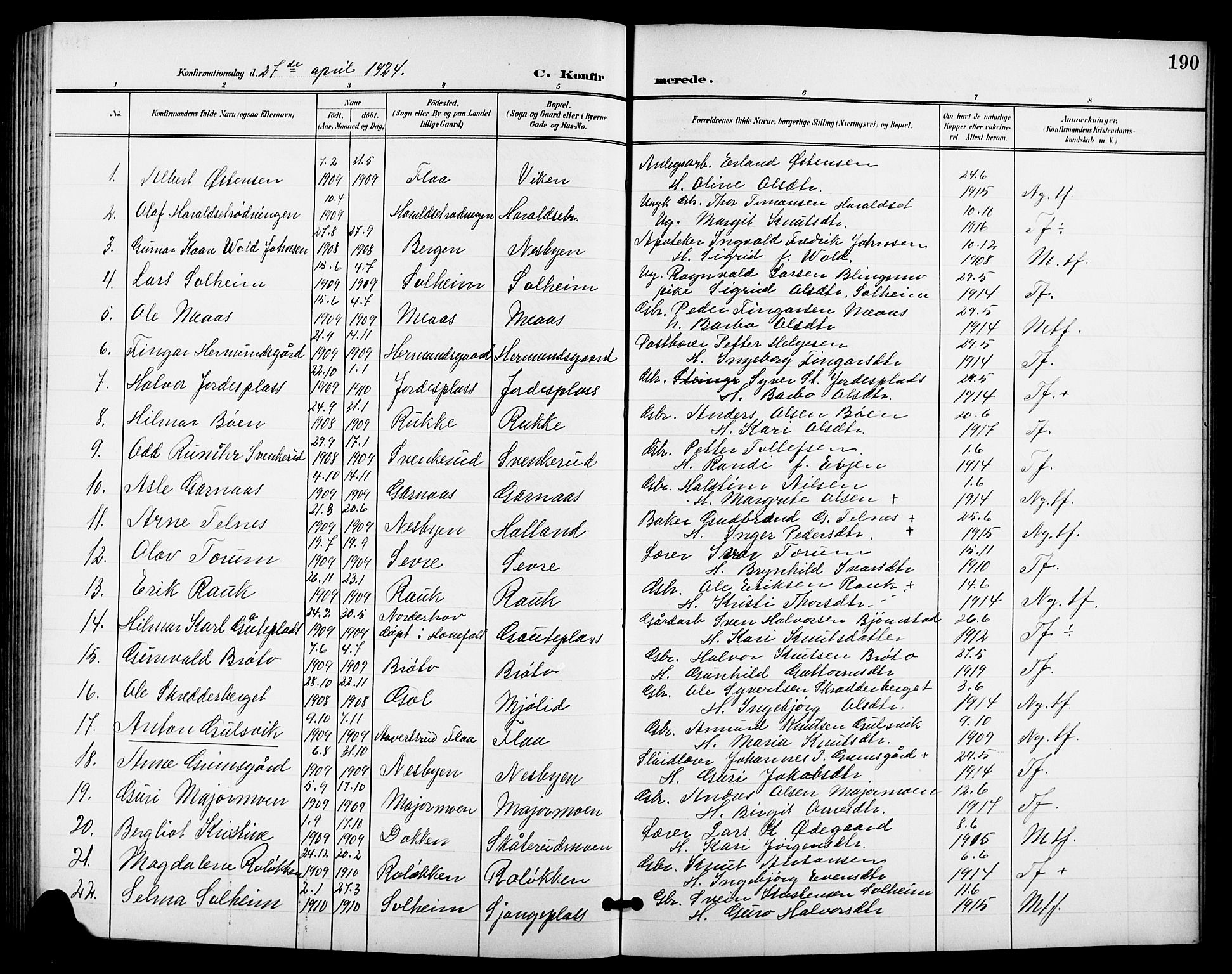 Nes kirkebøker, AV/SAKO-A-236/G/Ga/L0004: Klokkerbok nr. I 4, 1900-1925, s. 190