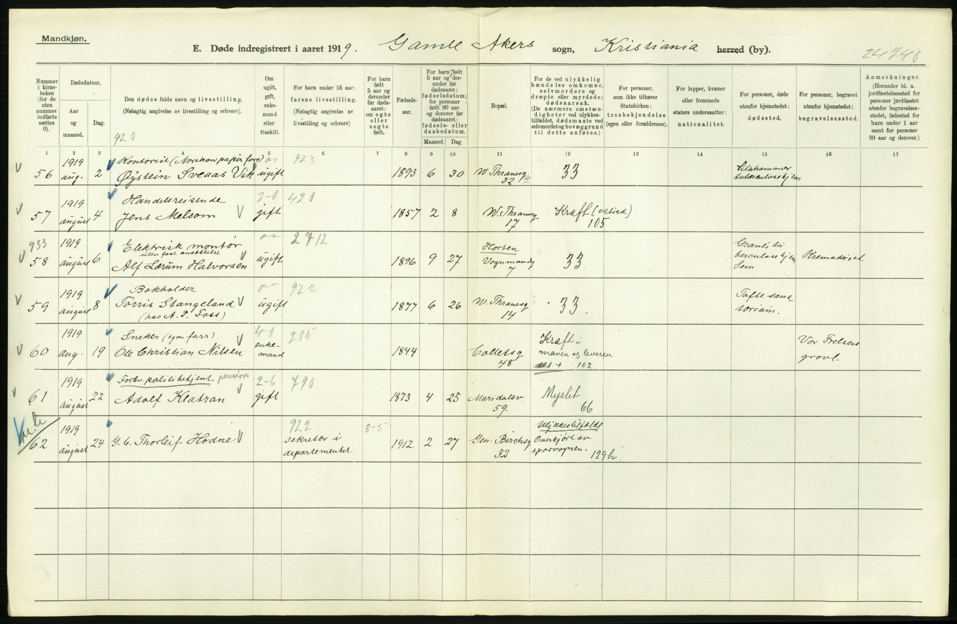 Statistisk sentralbyrå, Sosiodemografiske emner, Befolkning, AV/RA-S-2228/D/Df/Dfb/Dfbi/L0011: Kristiania: Døde, dødfødte, 1919