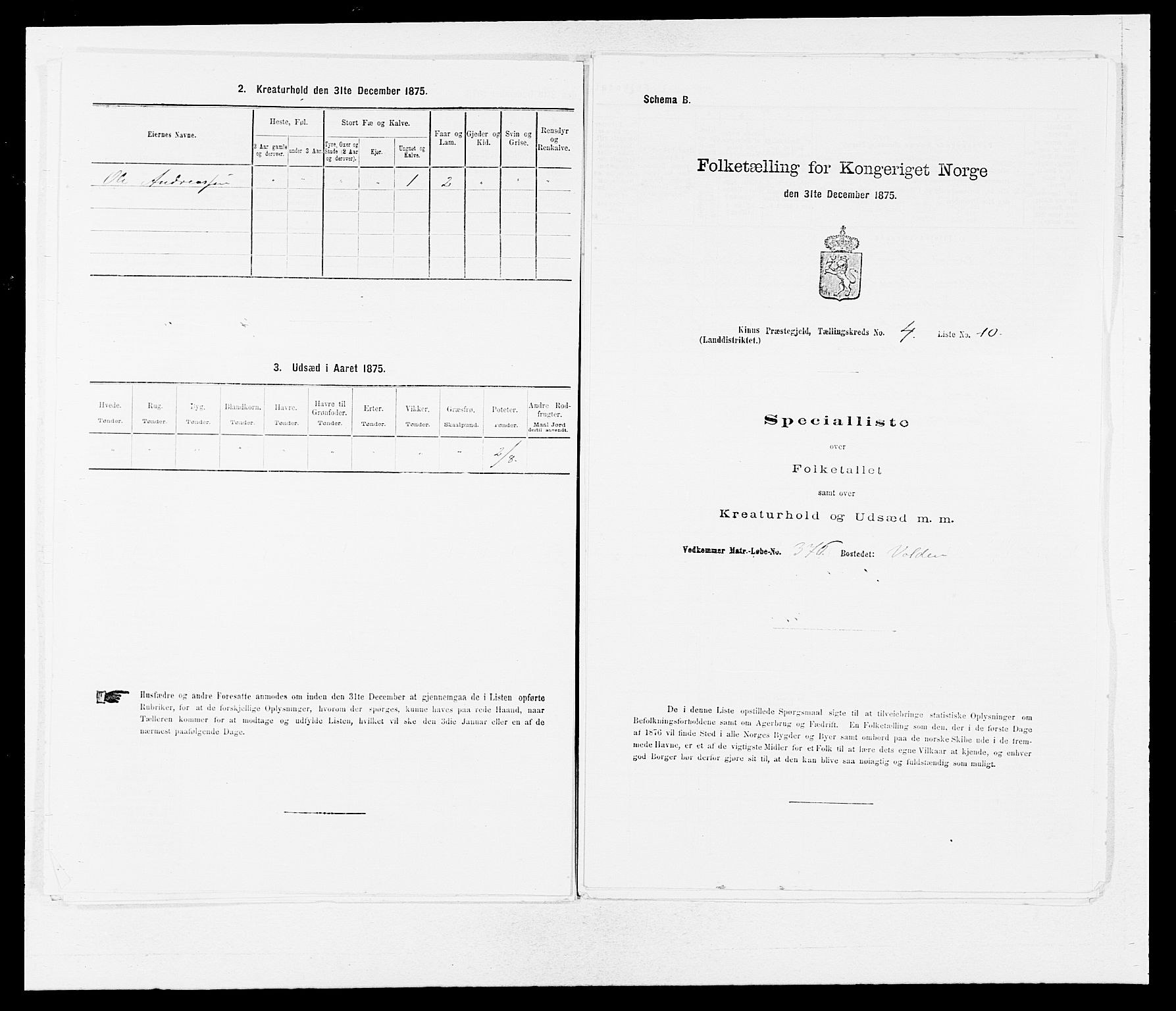 SAB, Folketelling 1875 for 1437L Kinn prestegjeld, Kinn sokn og Svanøy sokn, 1875, s. 419