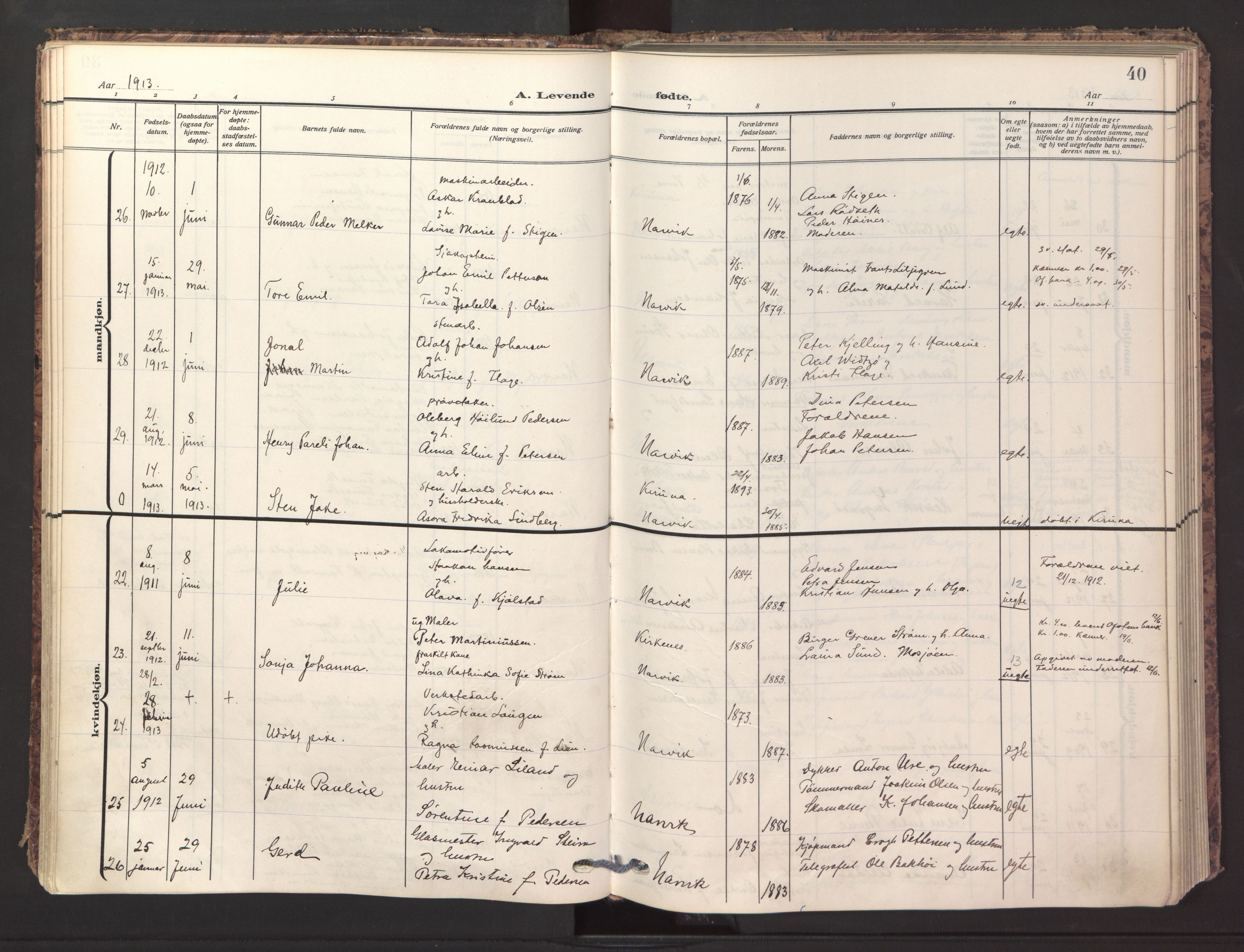 Ministerialprotokoller, klokkerbøker og fødselsregistre - Nordland, AV/SAT-A-1459/871/L1001: Ministerialbok nr. 871A17, 1911-1921, s. 40