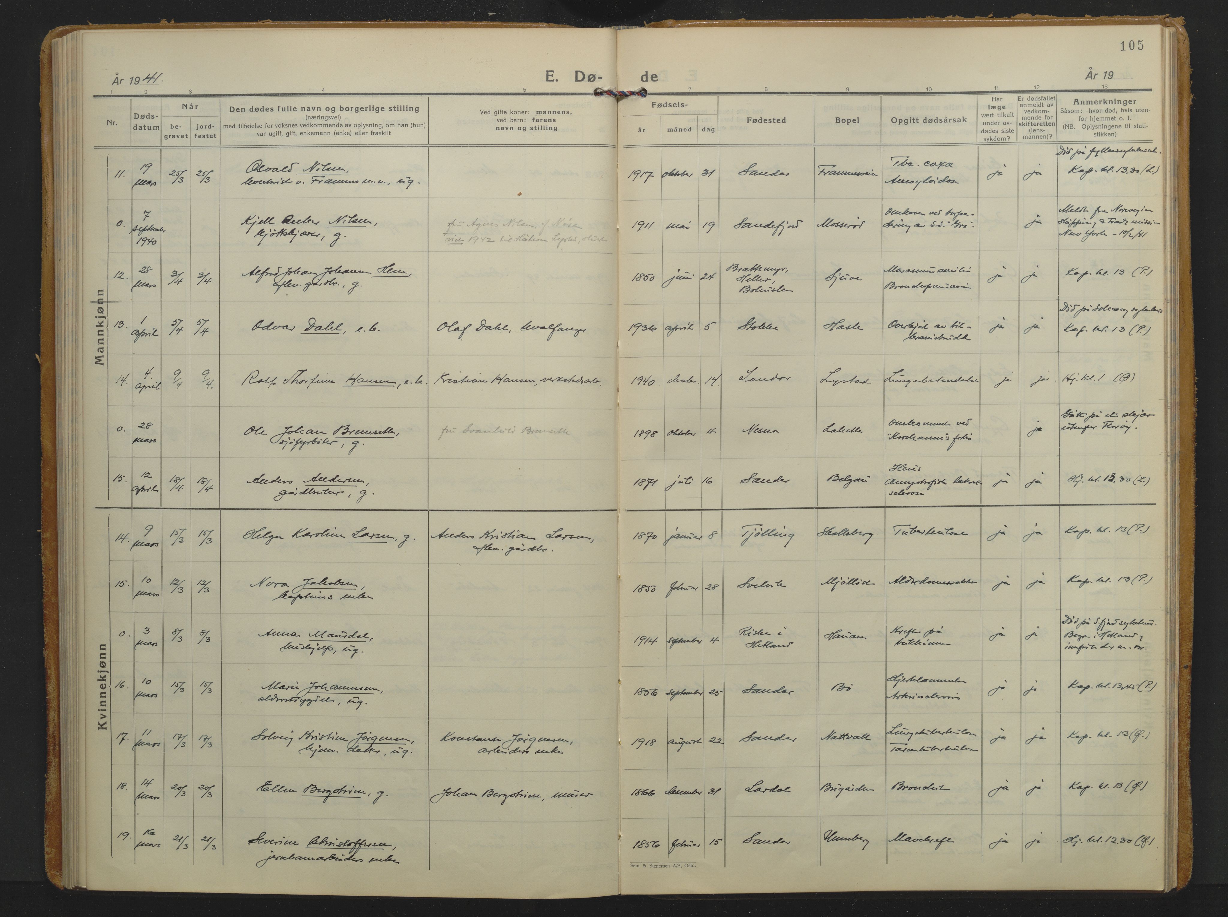 Sandar kirkebøker, AV/SAKO-A-243/F/Fa/L0026: Ministerialbok nr. 26, 1932-1944, s. 105