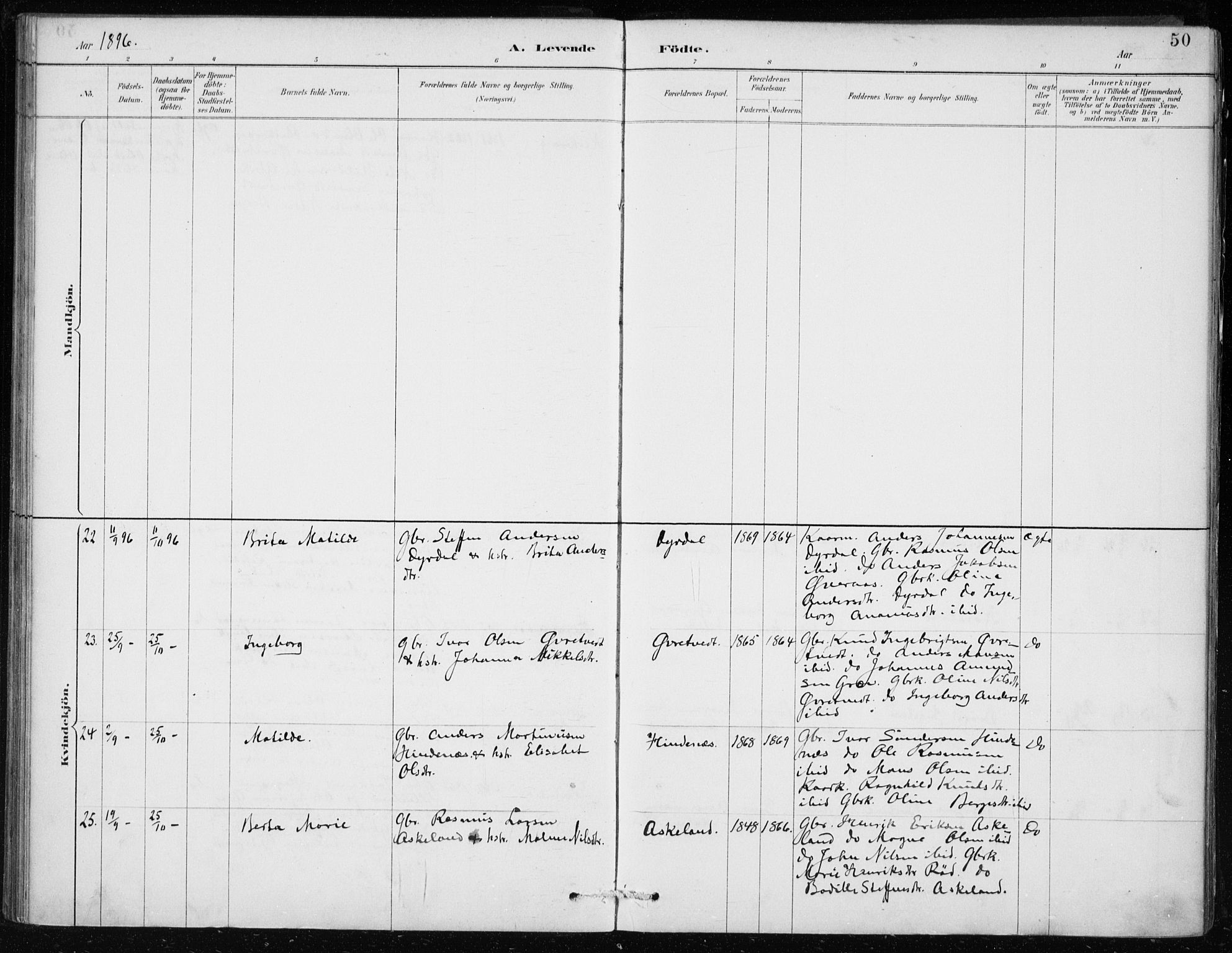 Lindås Sokneprestembete, AV/SAB-A-76701/H/Haa/Haaf/L0001: Ministerialbok nr. F  1, 1886-1897, s. 50