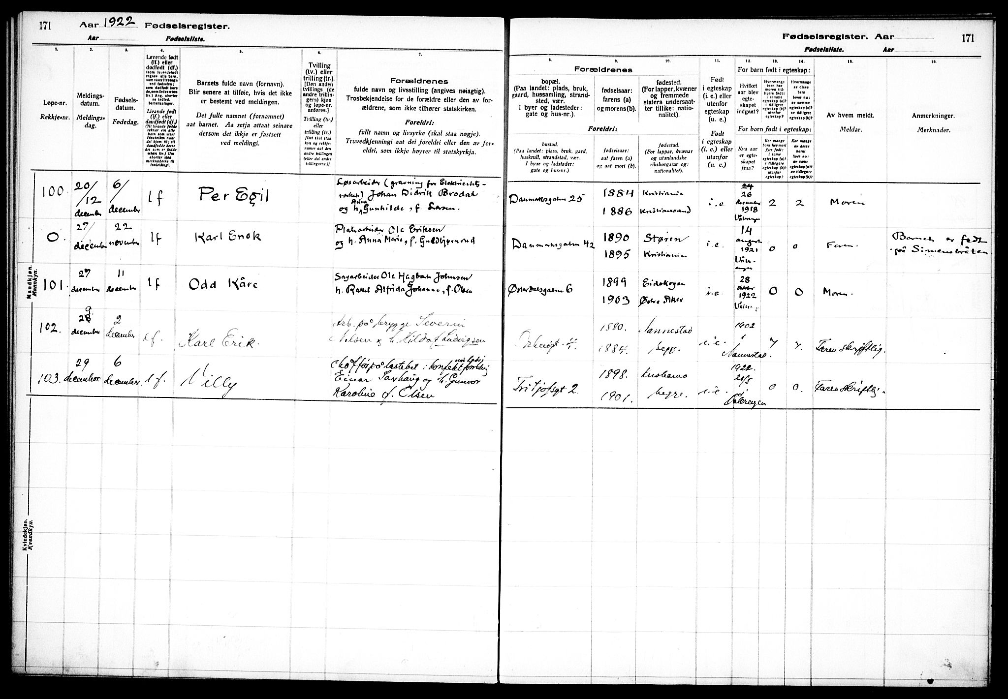 Vålerengen prestekontor Kirkebøker, AV/SAO-A-10878/J/Ja/L0001: Fødselsregister nr. 1, 1916-1924, s. 171