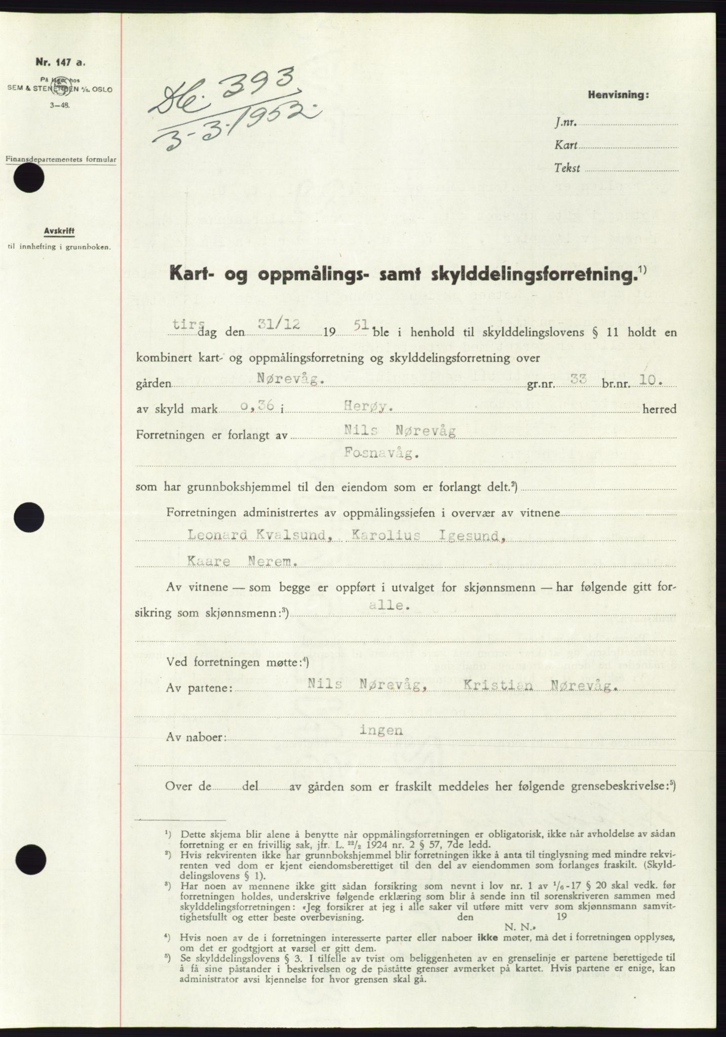 Søre Sunnmøre sorenskriveri, SAT/A-4122/1/2/2C/L0091: Pantebok nr. 17A, 1951-1952, Dagboknr: 393/1952