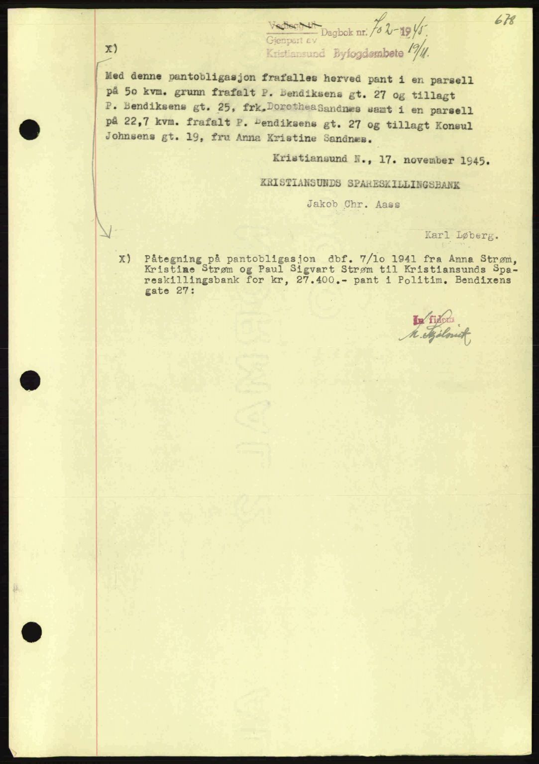 Kristiansund byfogd, AV/SAT-A-4587/A/27: Pantebok nr. 37-38, 1943-1945, Dagboknr: 702/1945