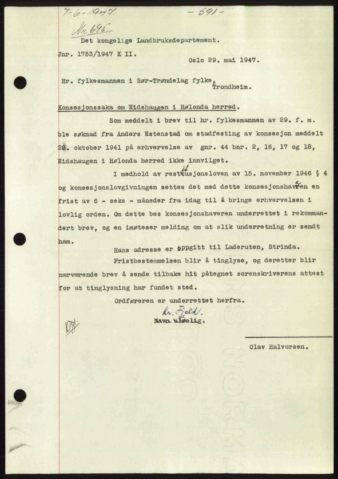 Gauldal sorenskriveri, SAT/A-0014/1/2/2C: Pantebok nr. A3, 1947-1947, Dagboknr: 695/1947