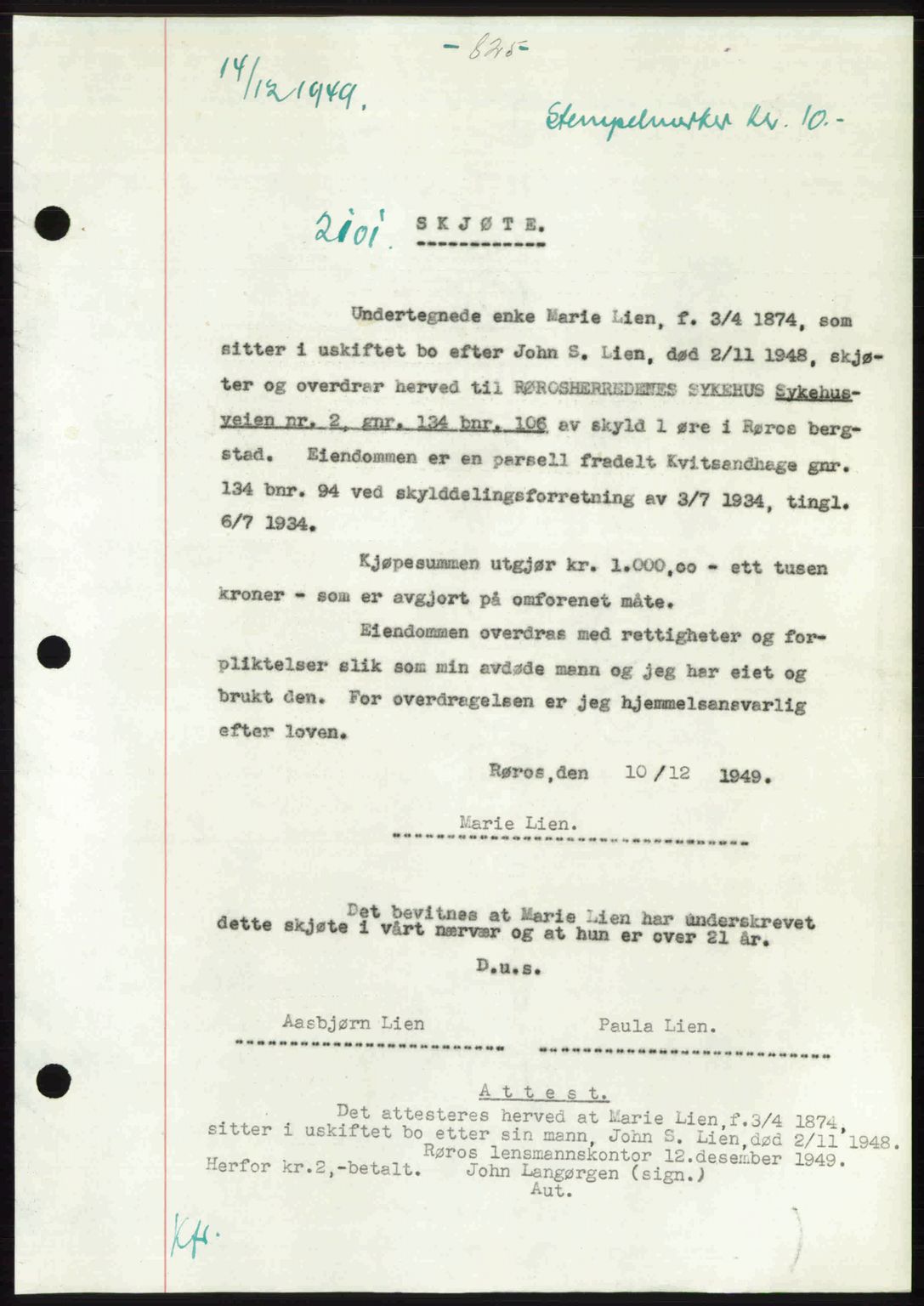 Gauldal sorenskriveri, SAT/A-0014/1/2/2C: Pantebok nr. A9, 1949-1950, Dagboknr: 2101/1949