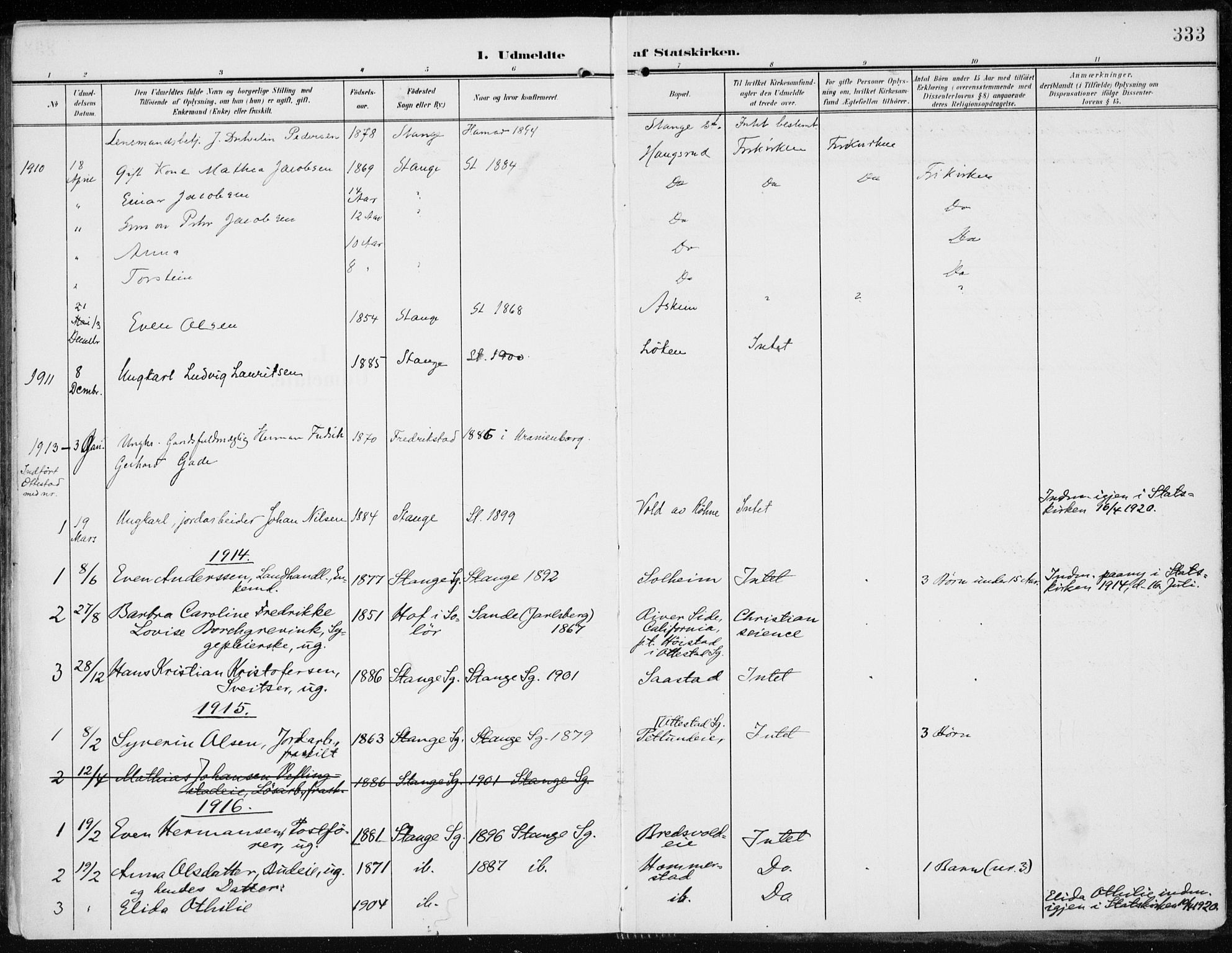 Stange prestekontor, SAH/PREST-002/K/L0024: Ministerialbok nr. 24, 1906-1922, s. 333